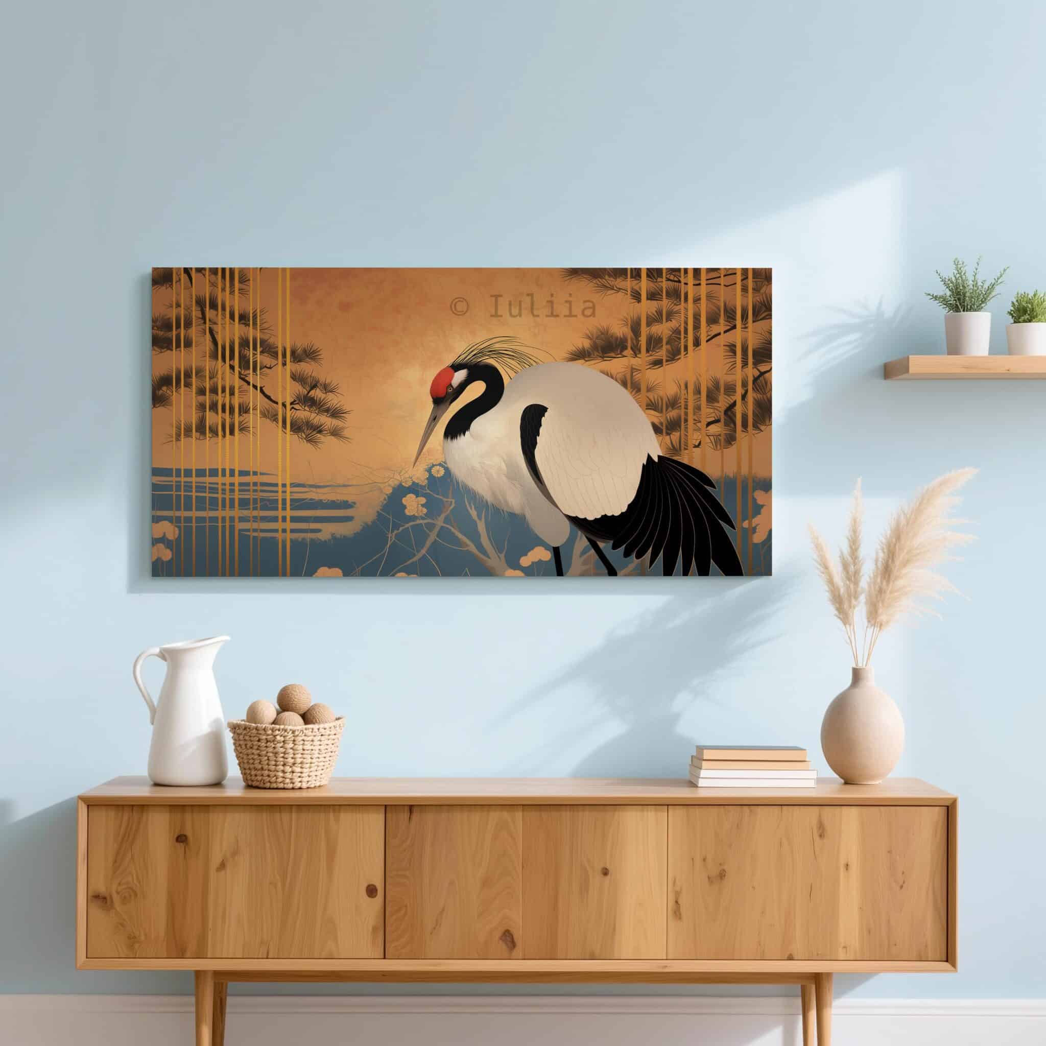 Canvas Japanese Wall Art, Wide Red Crowned Crane Design, Oriental Gold Nature Scene, Statement Living Room Decor - photo #8