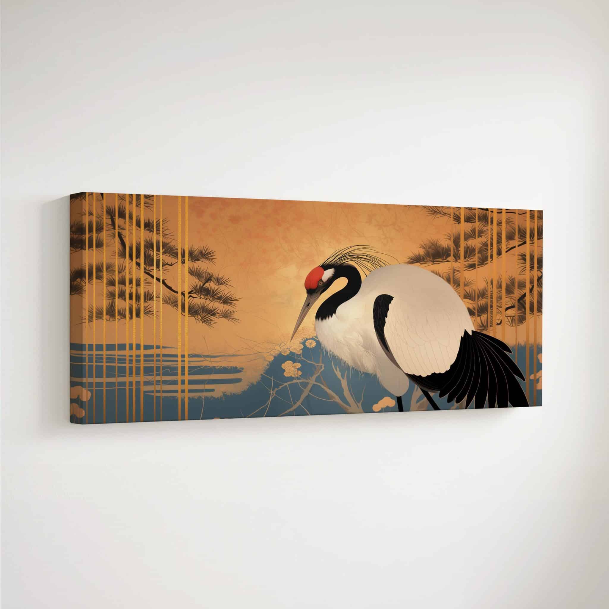 Canvas Japanese Wall Art, Wide Red Crowned Crane Design, Oriental Gold Nature Scene, Statement Living Room Decor - photo #1