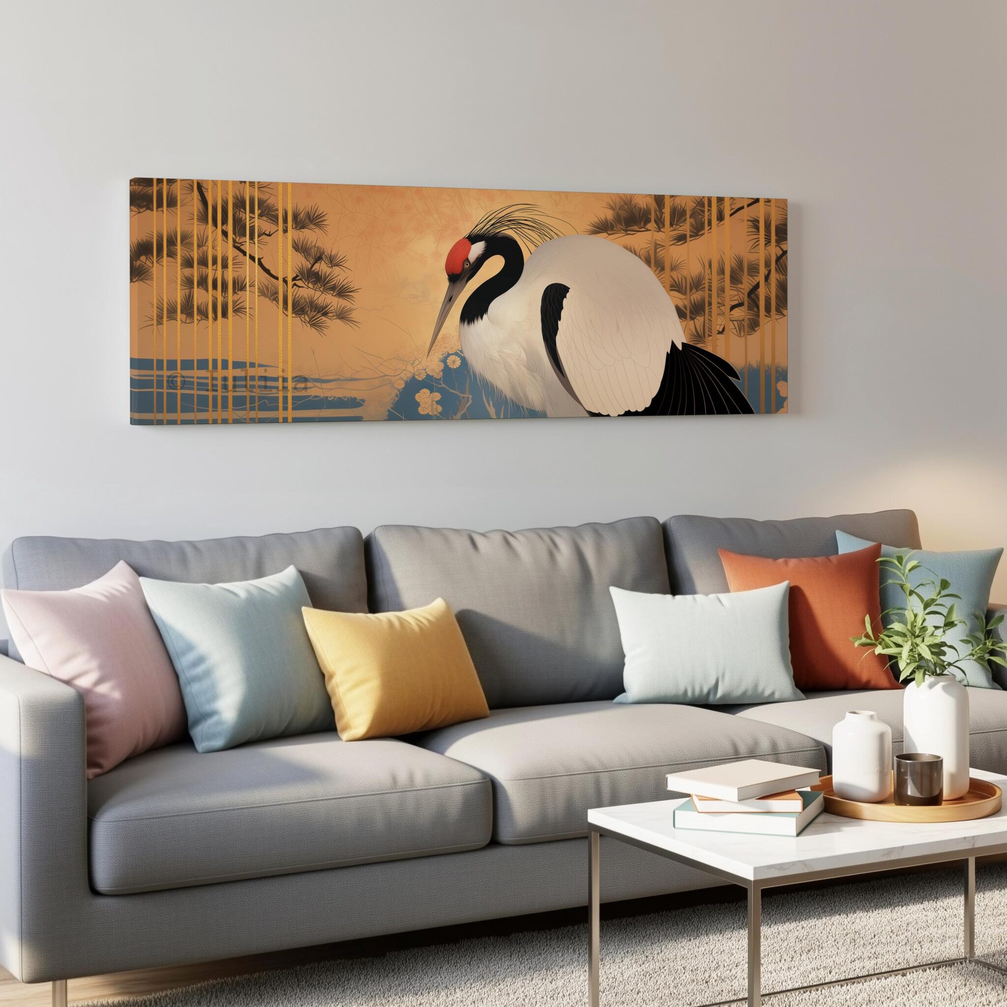 Canvas Japanese Wall Art, Wide Red Crowned Crane Design, Oriental Gold Nature Scene, Statement Living Room Decor - photo #2