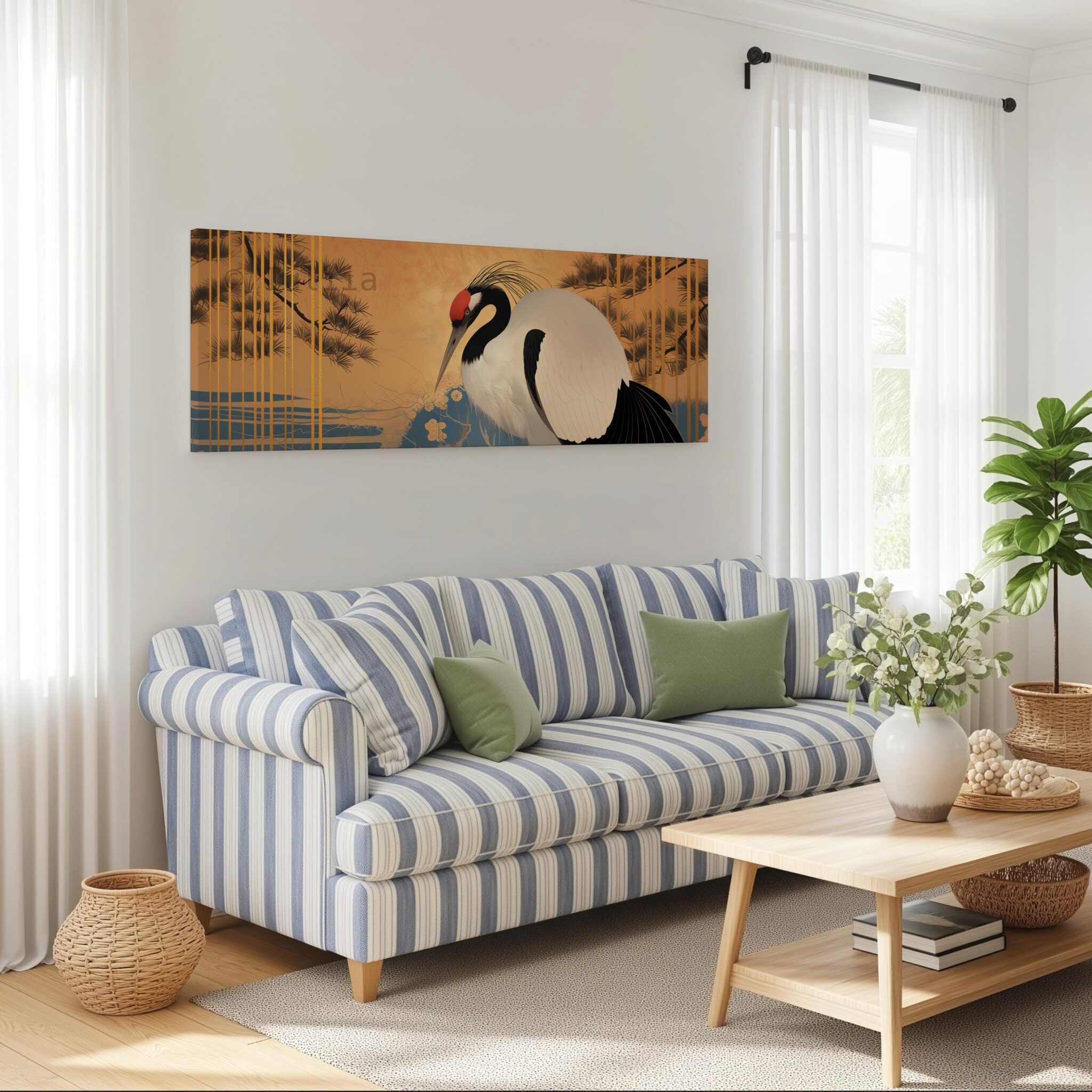 Canvas Japanese Wall Art, Wide Red Crowned Crane Design, Oriental Gold Nature Scene, Statement Living Room Decor - photo #4