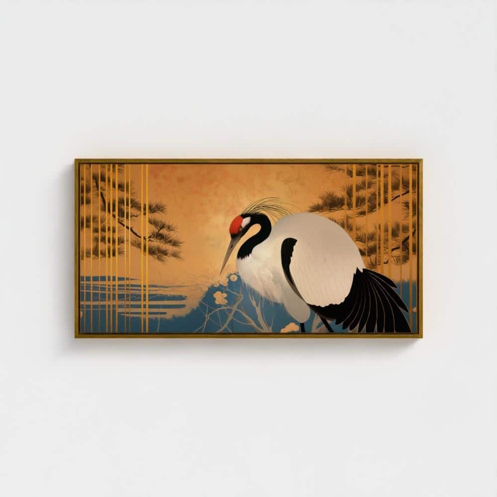 Canvas Japanese Wall Art, Wide Red Crowned Crane Design, Oriental Gold Nature Scene, Statement Living Room Decor - photo #14