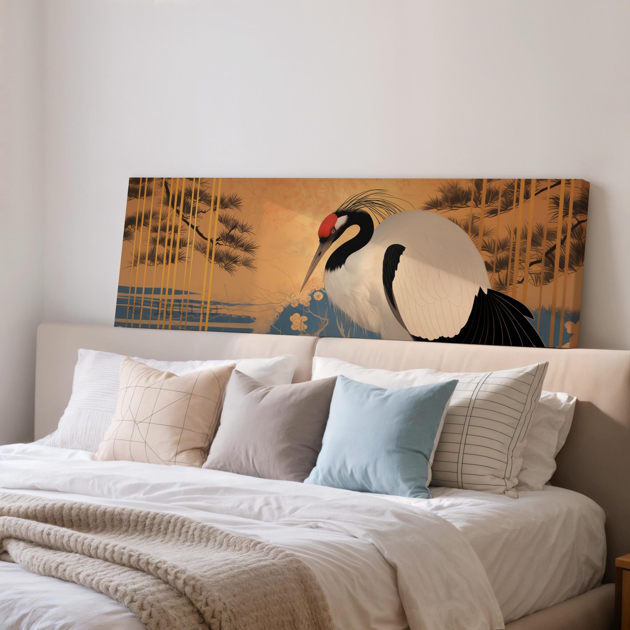 Canvas Japanese Wall Art, Wide Red Crowned Crane Design, Oriental Gold Nature Scene, Statement Living Room Decor
