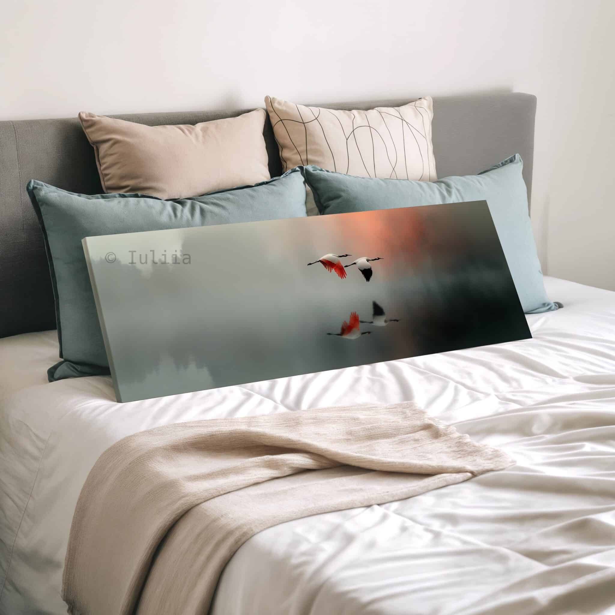 Long Canvas Peaceful Wall Art, Wide Misty Lake Scene with Flying Cranes, Soft Nature Reflection, Bedroom Retreat Decor - photo #3