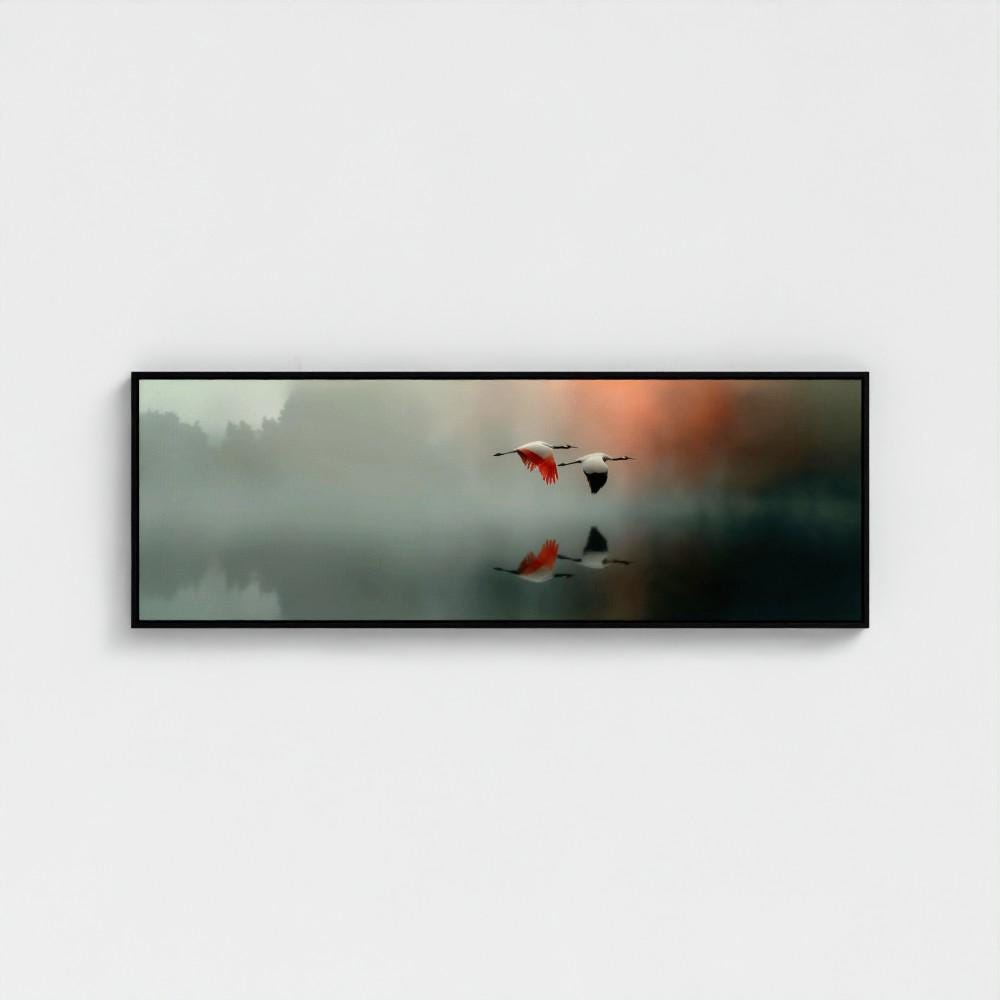 Long Canvas Peaceful Wall Art, Wide Misty Lake Scene with Flying Cranes, Soft Nature Reflection, Bedroom Retreat Decor - photo #12