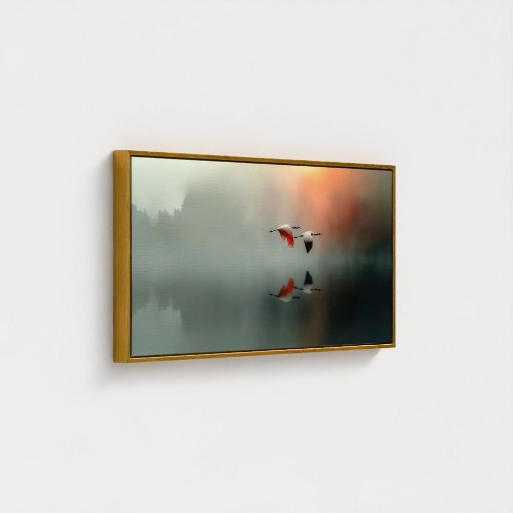 Long Canvas Peaceful Wall Art, Wide Misty Lake Scene with Flying Cranes, Soft Nature Reflection, Bedroom Retreat Decor - photo #15
