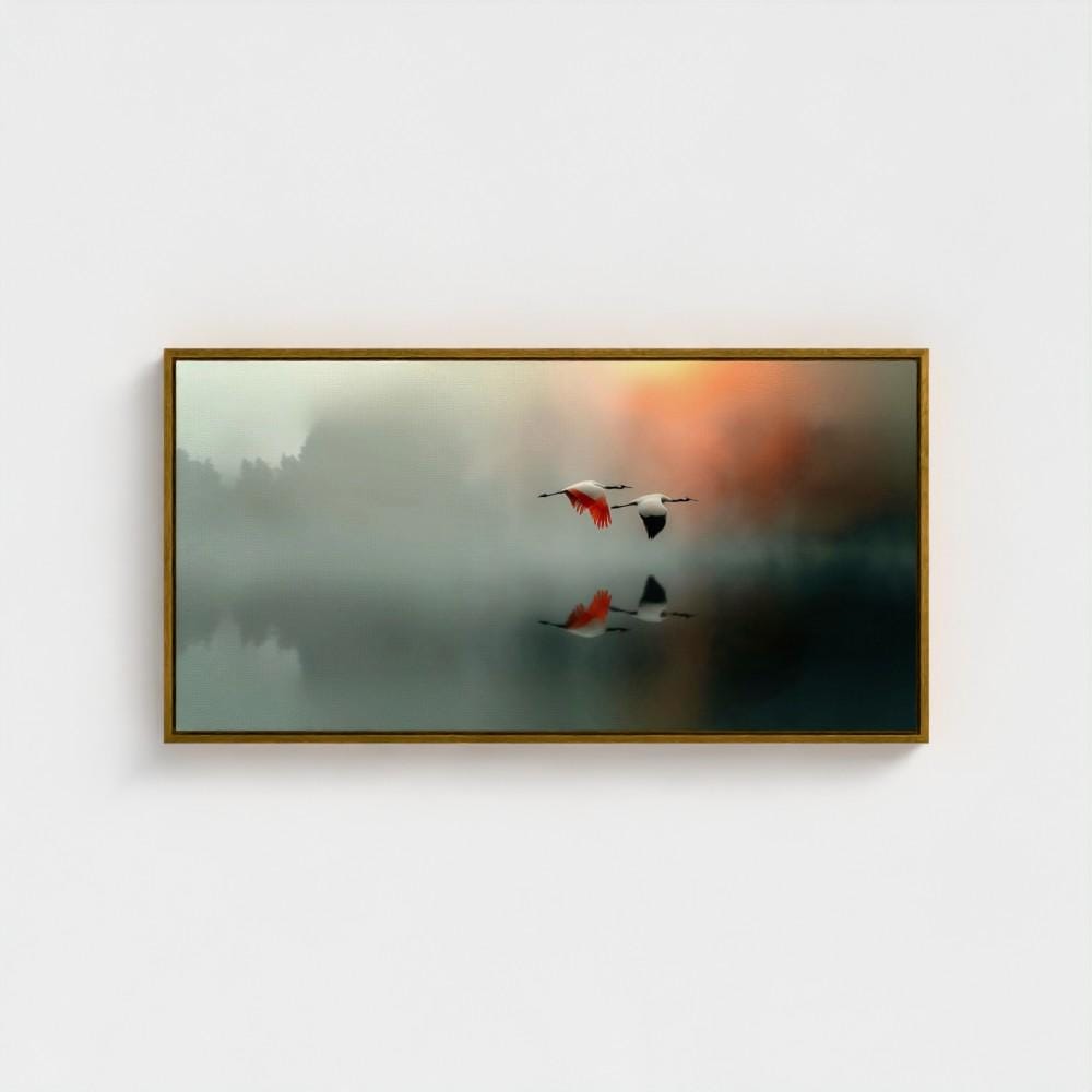 Long Canvas Peaceful Wall Art, Wide Misty Lake Scene with Flying Cranes, Soft Nature Reflection, Bedroom Retreat Decor - photo #14