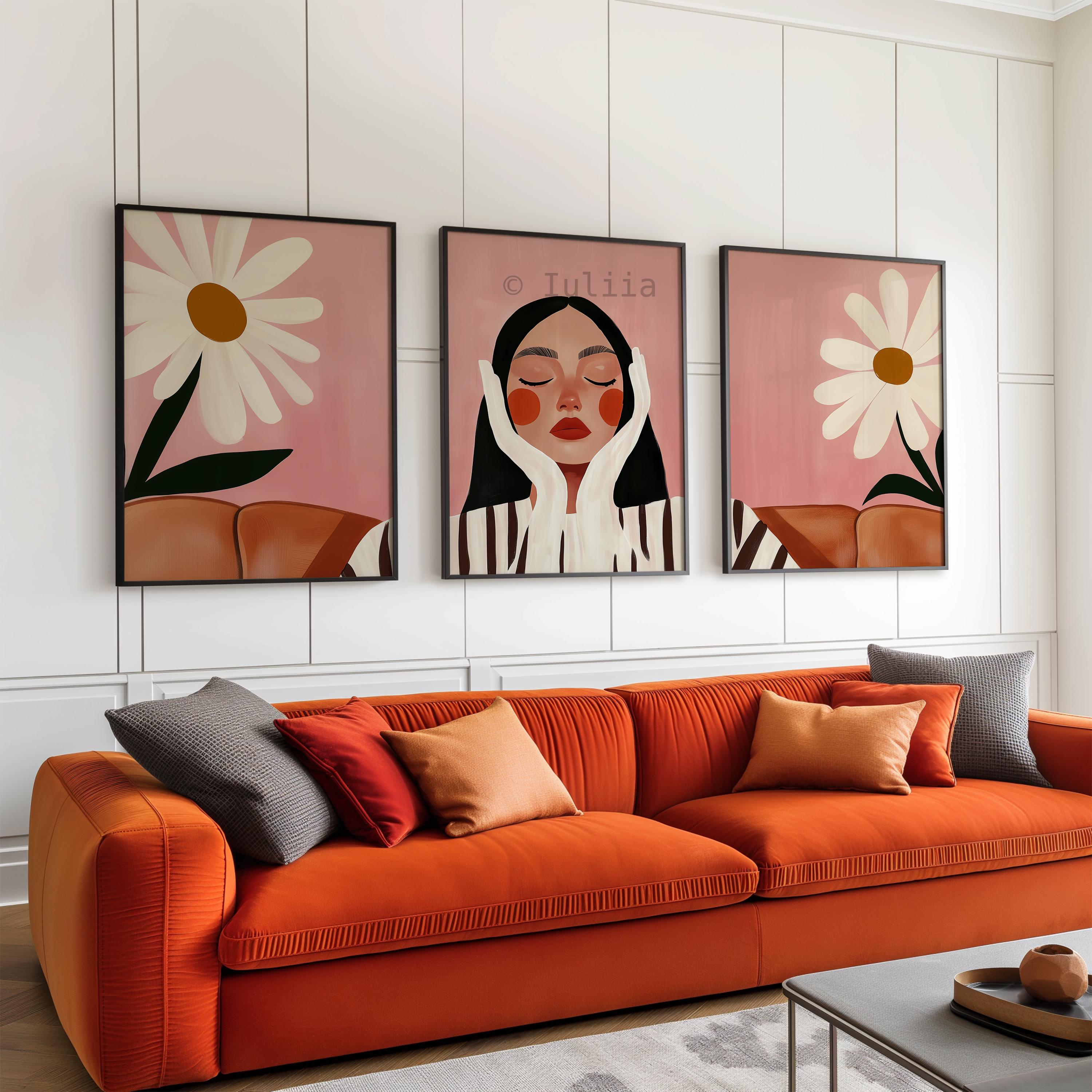 Daisy Wall Art, Feminine Portrait Triptych, Pink Floral Gallery Collection, Modern Bedroom Decor, Botanical Statement Prints - photo #8