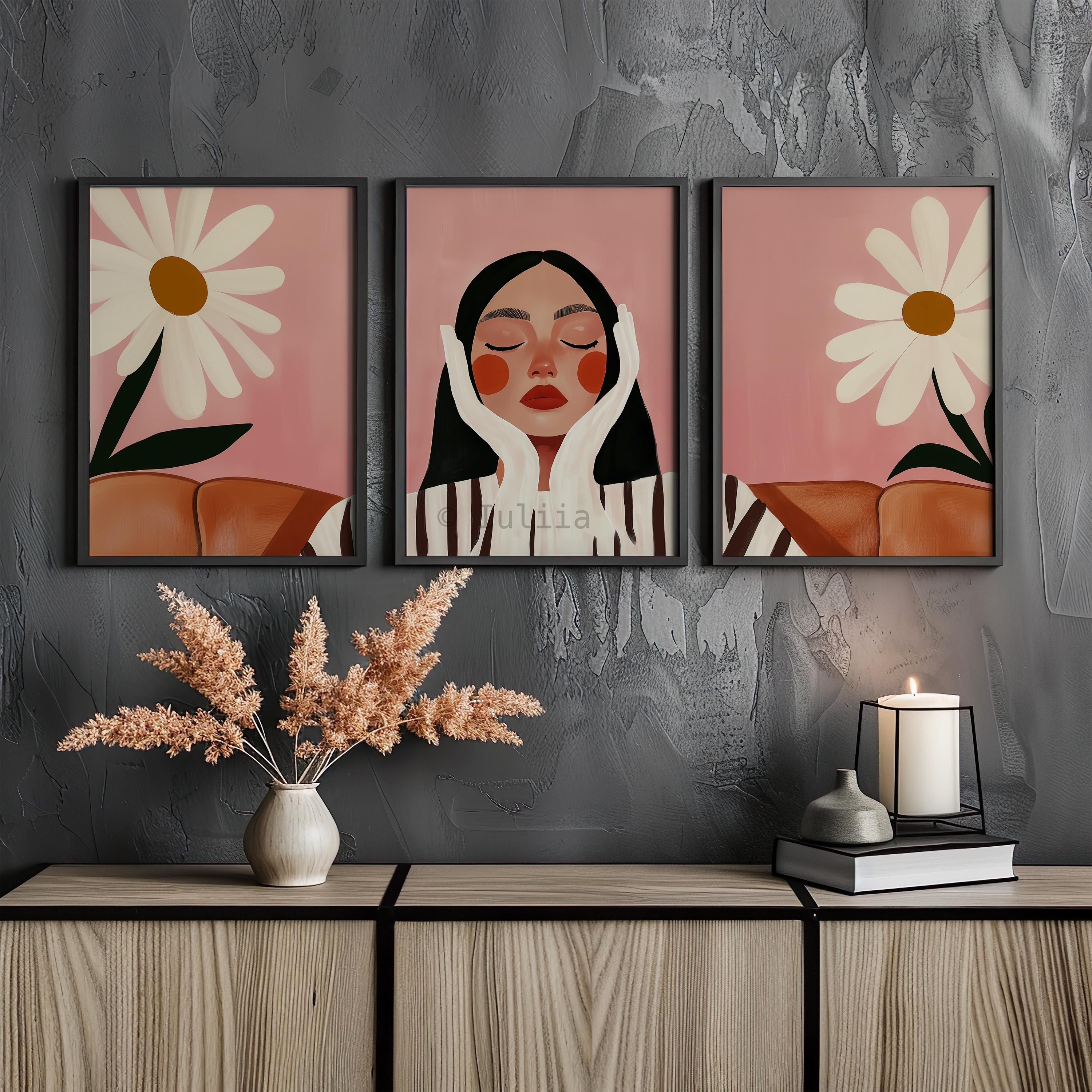 Daisy Wall Art, Feminine Portrait Triptych, Pink Floral Gallery Collection, Modern Bedroom Decor, Botanical Statement Prints - photo #16