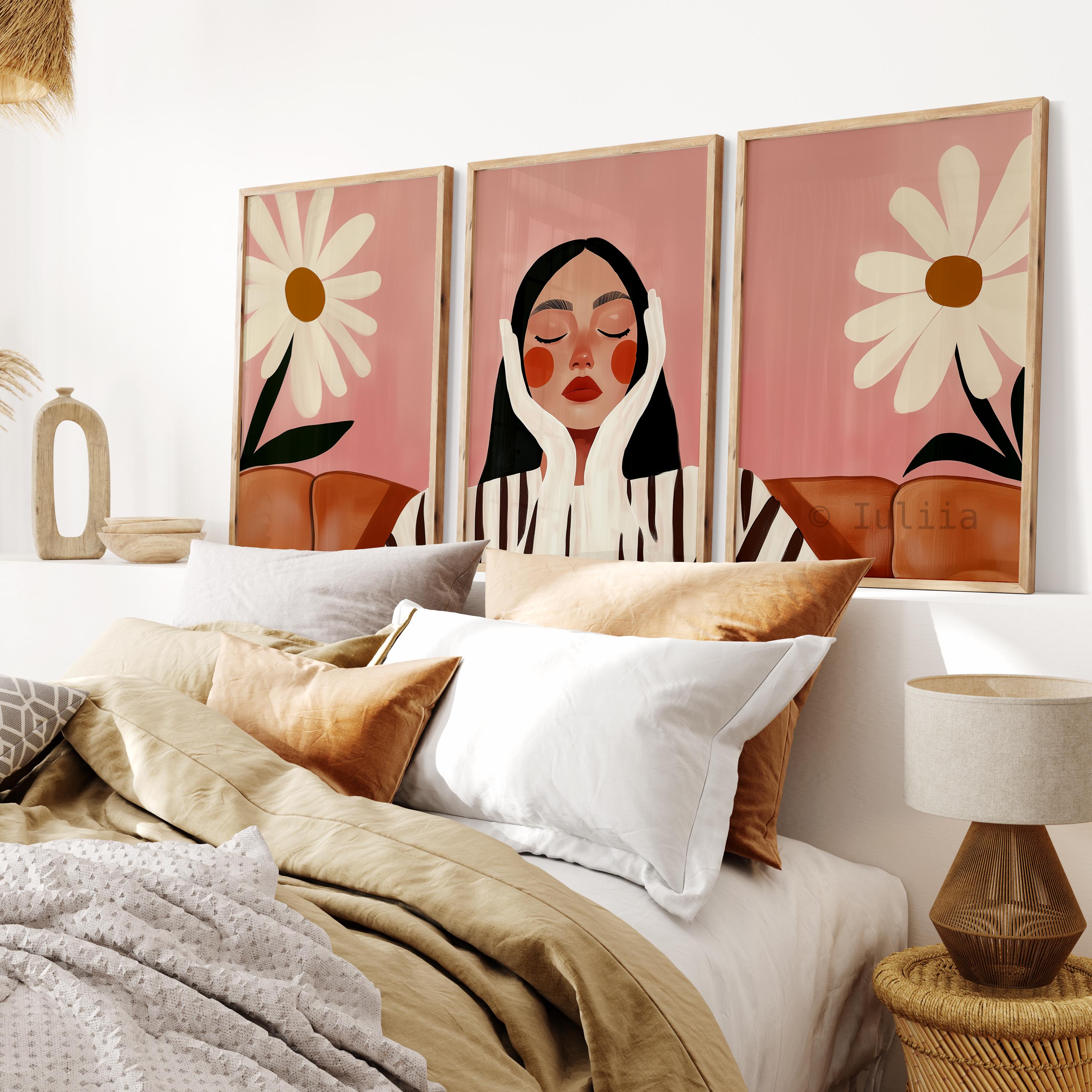 Daisy Wall Art, Feminine Portrait Triptych, Pink Floral Gallery Collection, Modern Bedroom Decor, Botanical Statement Prints - photo #2