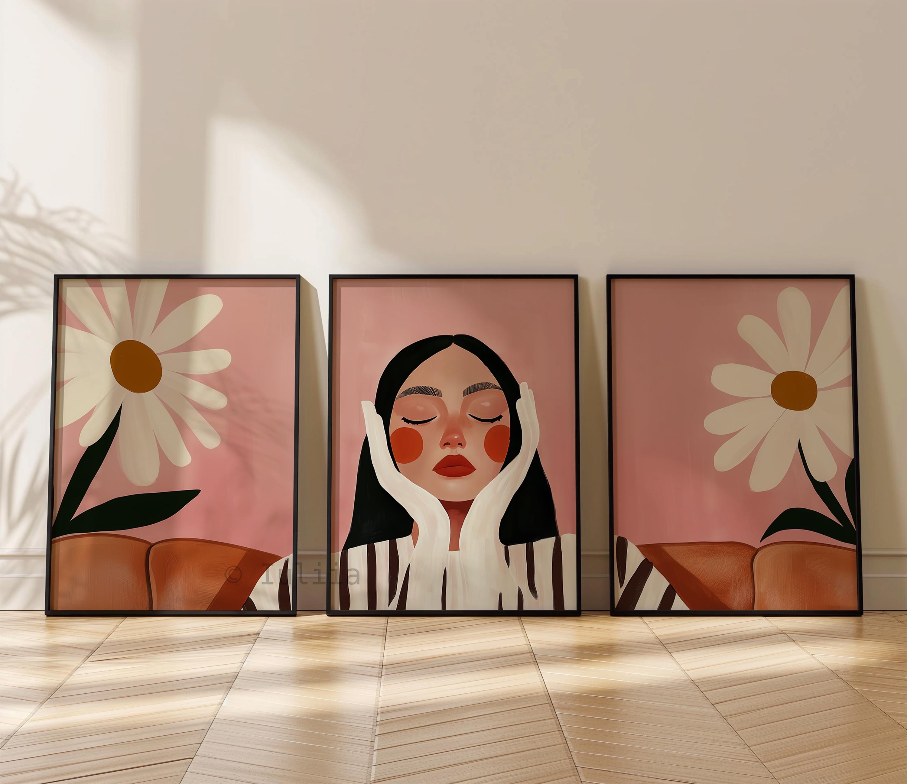 Daisy Wall Art, Feminine Portrait Triptych, Pink Floral Gallery Collection, Modern Bedroom Decor, Botanical Statement Prints - photo #13