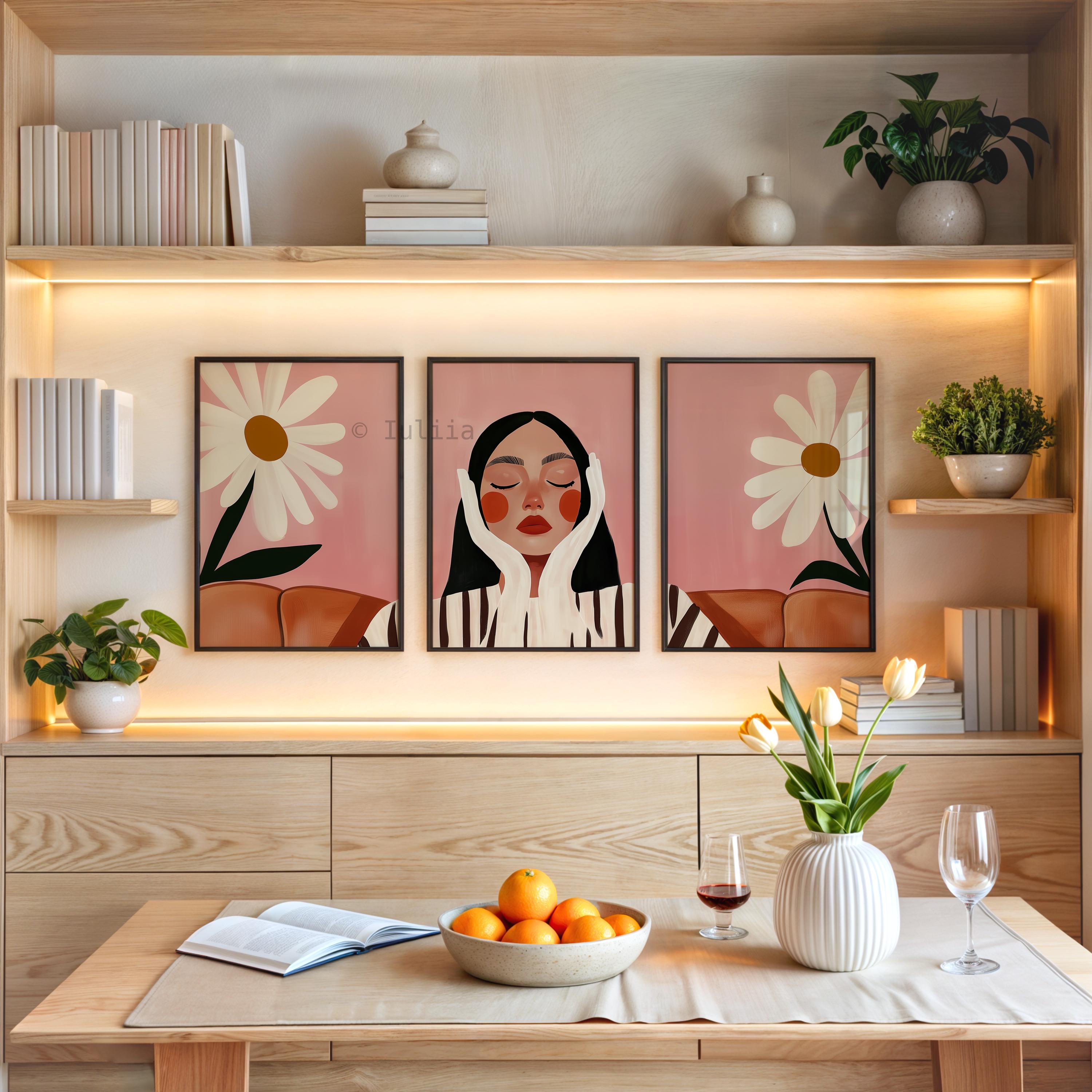 Daisy Wall Art, Feminine Portrait Triptych, Pink Floral Gallery Collection, Modern Bedroom Decor, Botanical Statement Prints - photo #12