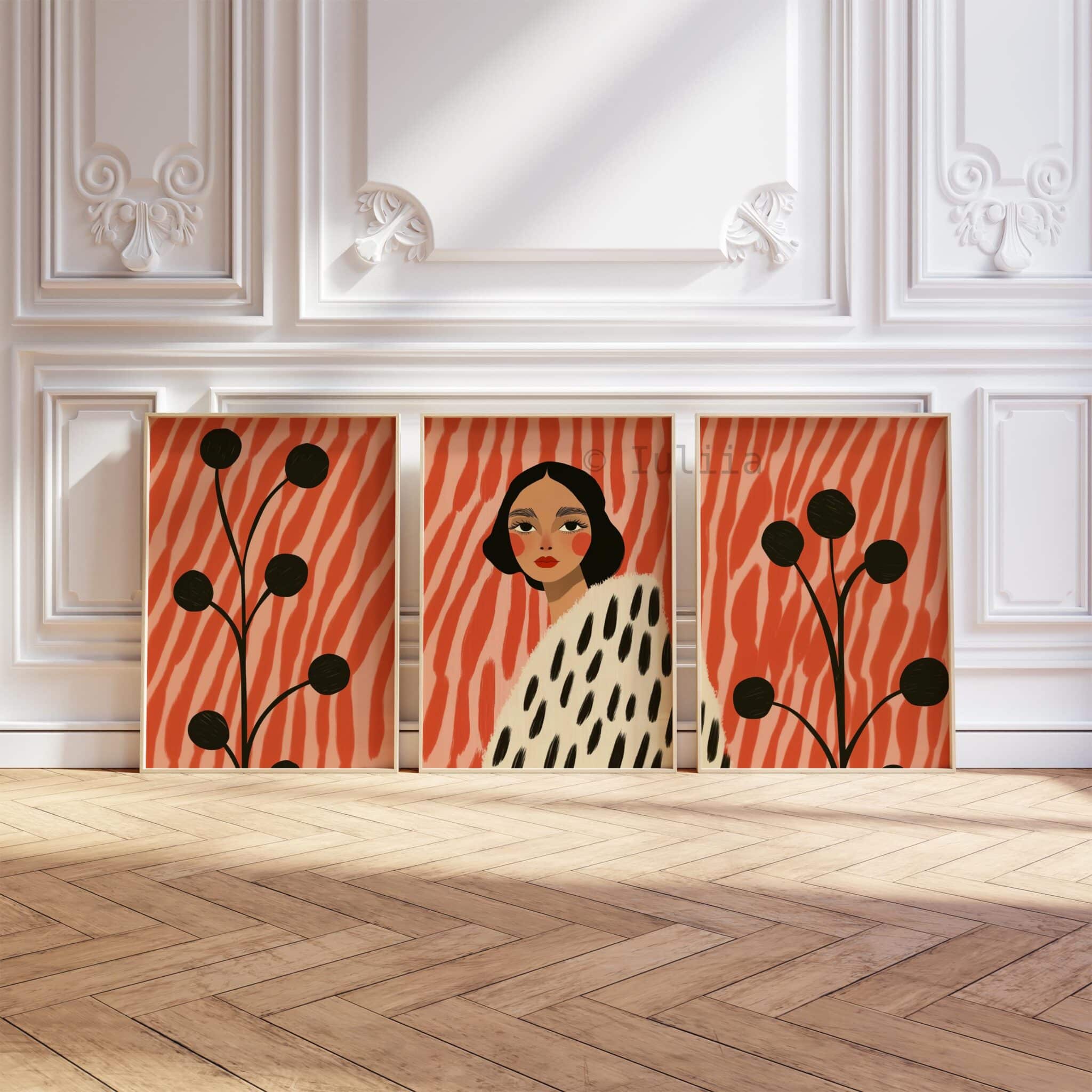 Framed Statement Woman Art Abstract Portrait Three Prints, Coral Botanical Illustration Artwork, Modern Gallery Wall Decor for Living Room - photo #4