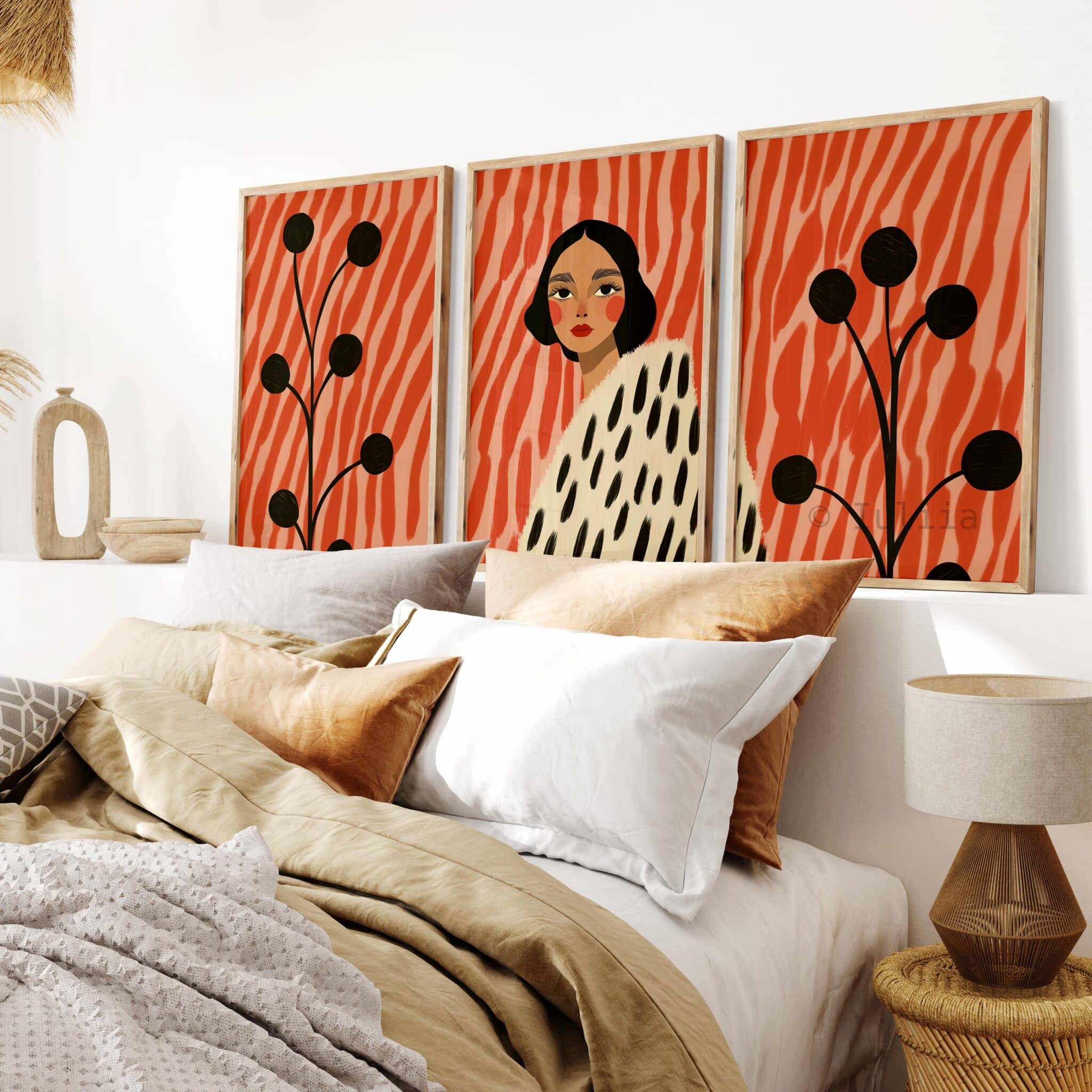 Framed Statement Woman Art Abstract Portrait Three Prints, Coral Botanical Illustration Artwork, Modern Gallery Wall Decor for Living Room - photo #12