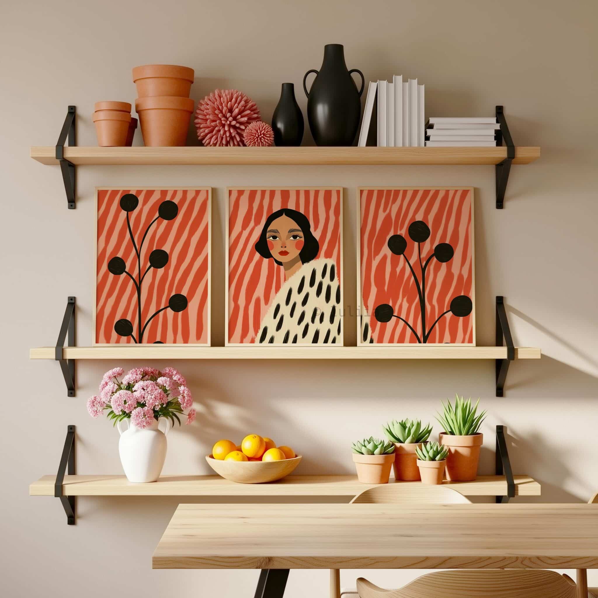Framed Statement Woman Art Abstract Portrait Three Prints, Coral Botanical Illustration Artwork, Modern Gallery Wall Decor for Living Room - photo #10