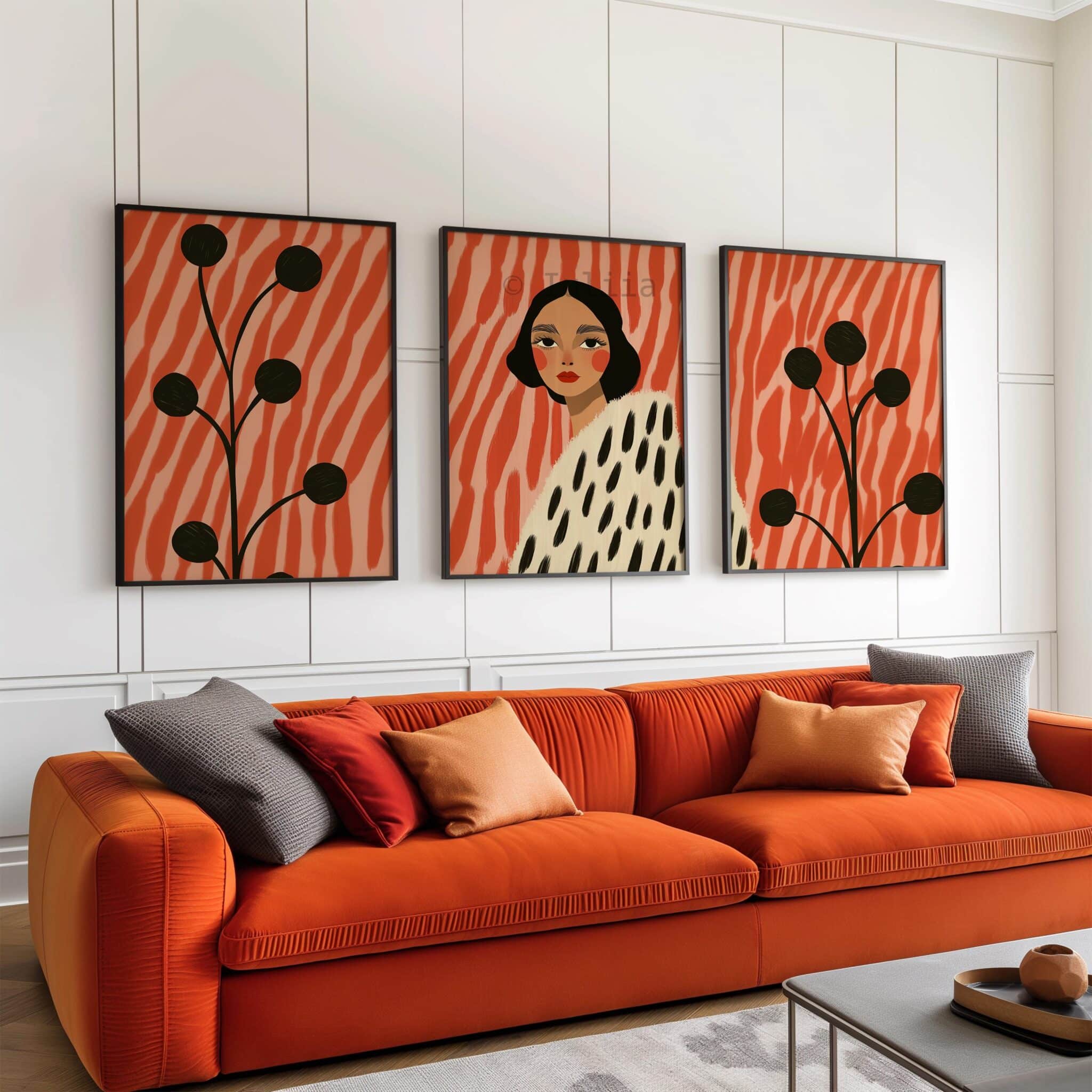 Framed Statement Woman Art Abstract Portrait Three Prints, Coral Botanical Illustration Artwork, Modern Gallery Wall Decor for Living Room - photo #9