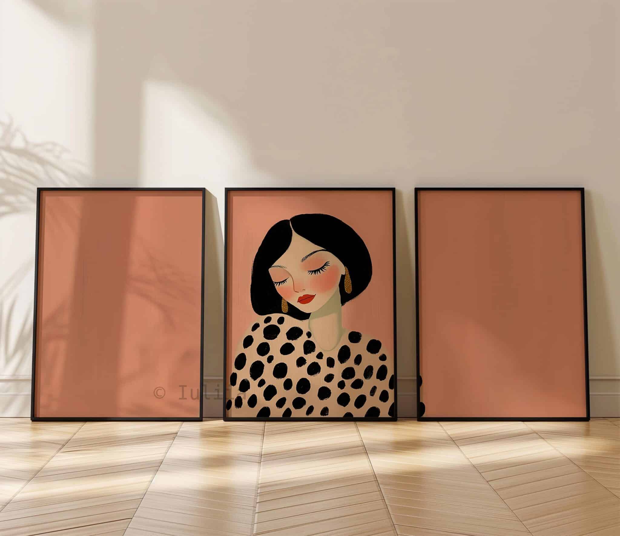 Framed Editorial Portrait, Fashion Illustration Triptych, Polka Dot Woman Art, Blush Pink Wall Decor, Chic Bedroom Gallery Print Set - photo #10