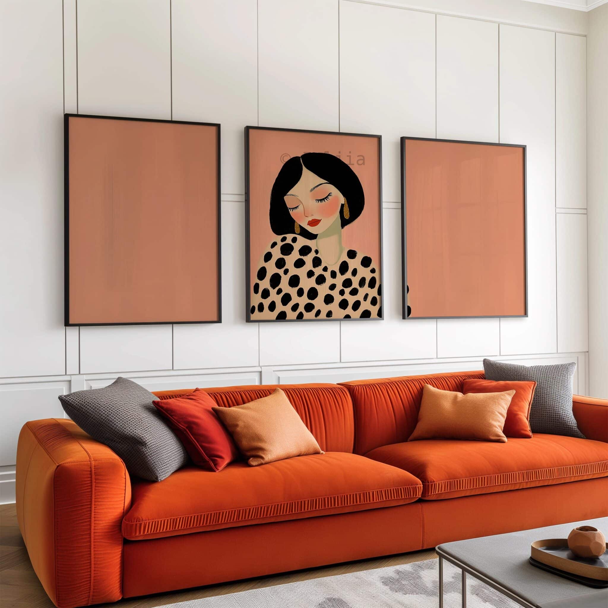 Framed Editorial Portrait, Fashion Illustration Triptych, Polka Dot Woman Art, Blush Pink Wall Decor, Chic Bedroom Gallery Print Set - photo #9