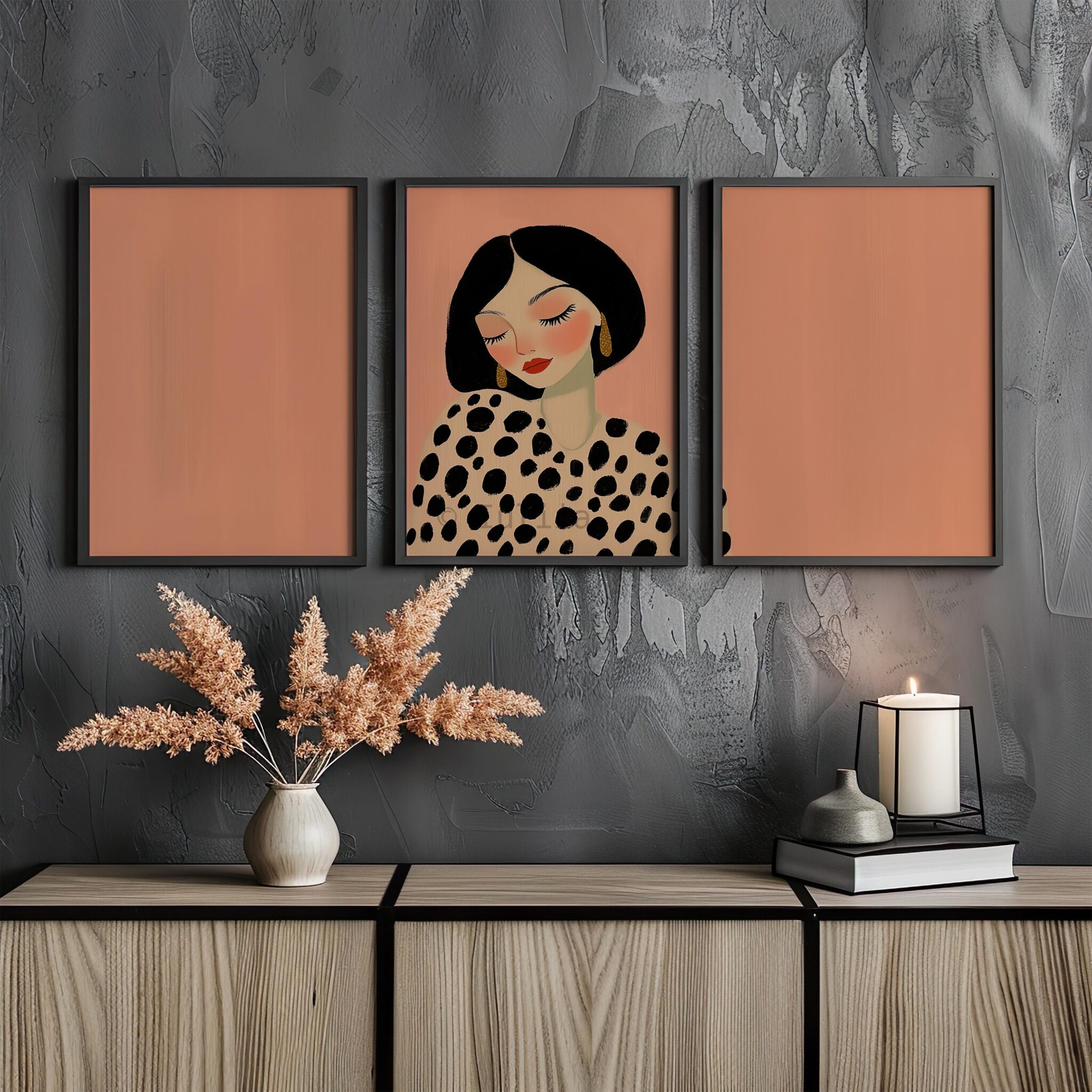 Framed Editorial Portrait, Fashion Illustration Triptych, Polka Dot Woman Art, Blush Pink Wall Decor, Chic Bedroom Gallery Print Set - photo #15