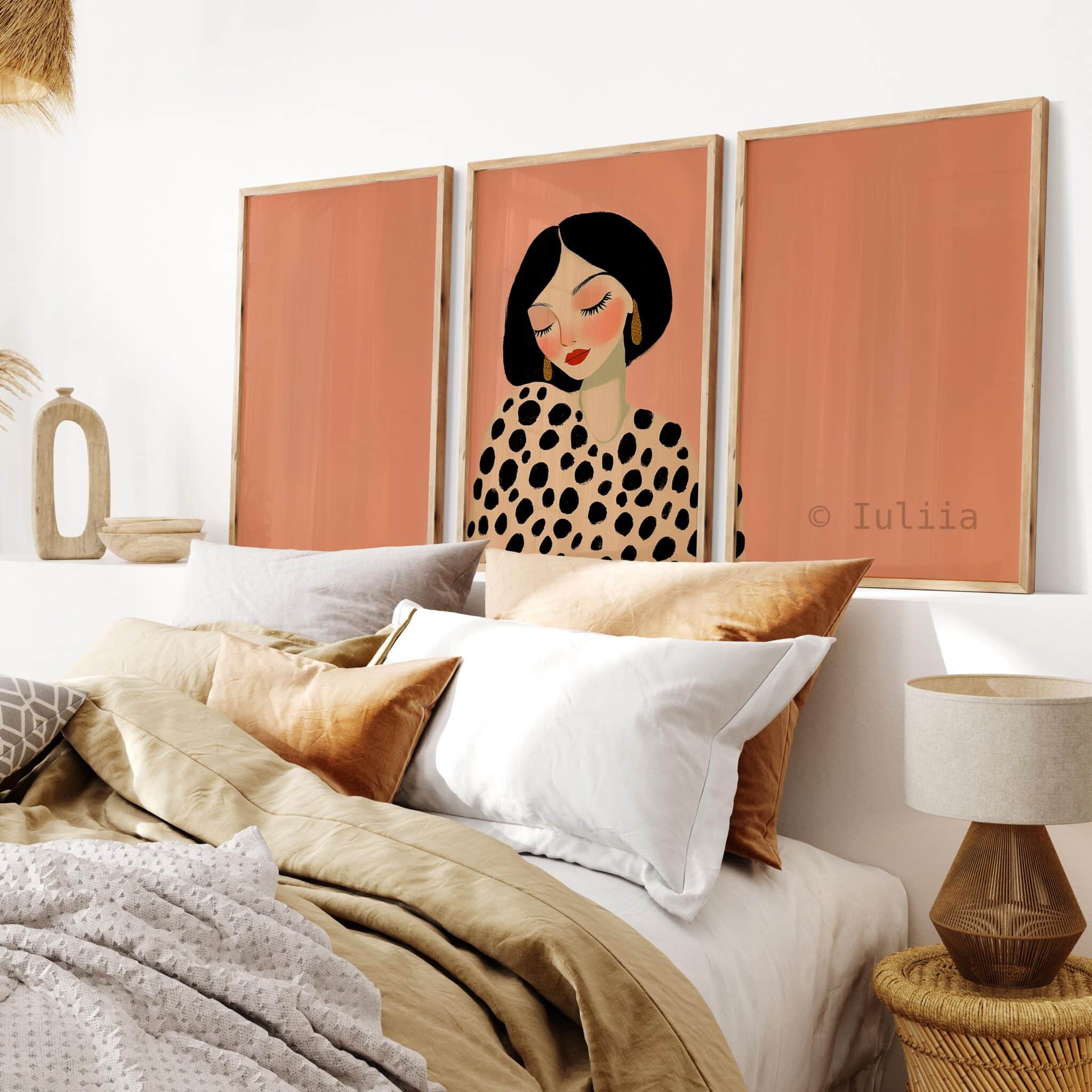 Framed Editorial Portrait, Fashion Illustration Triptych, Polka Dot Woman Art, Blush Pink Wall Decor, Chic Bedroom Gallery Print Set - photo #2