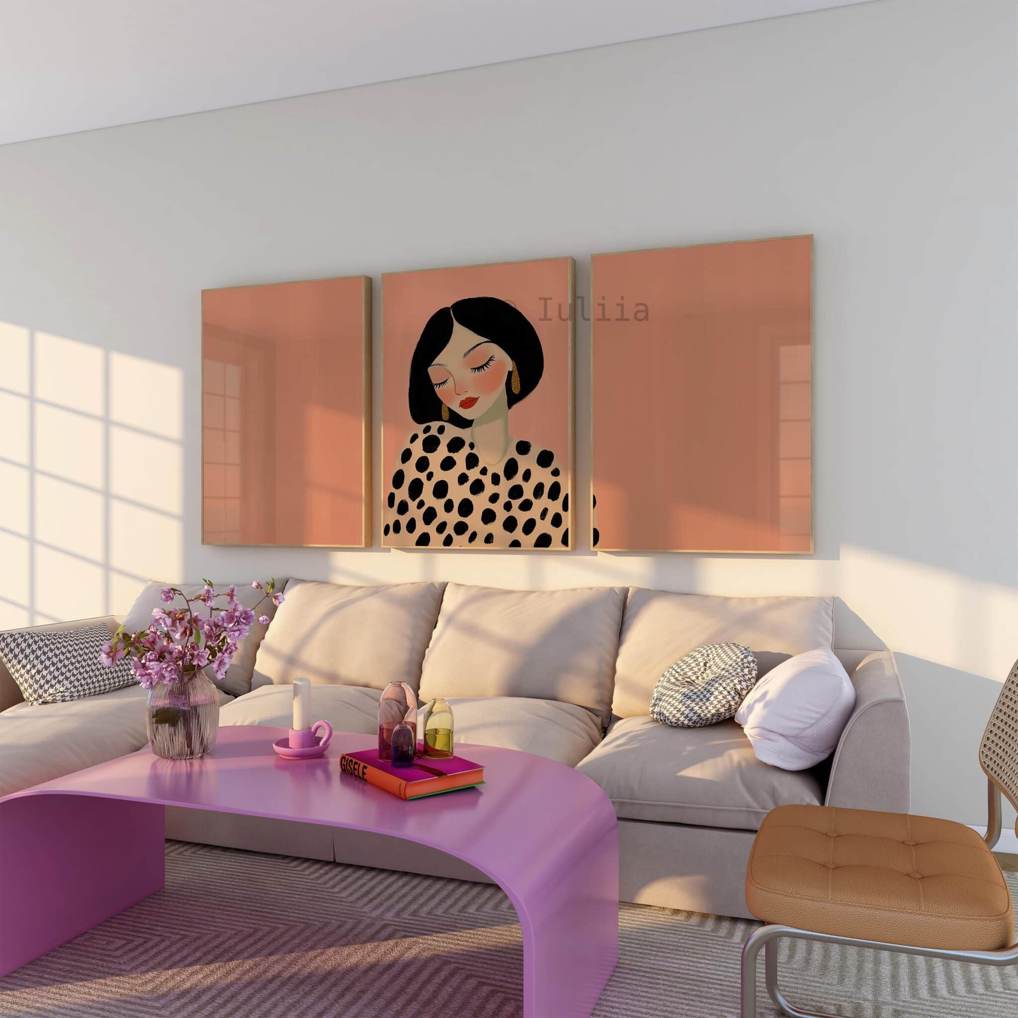 Framed Editorial Portrait, Fashion Illustration Triptych, Polka Dot Woman Art, Blush Pink Wall Decor, Chic Bedroom Gallery Print Set - photo #3