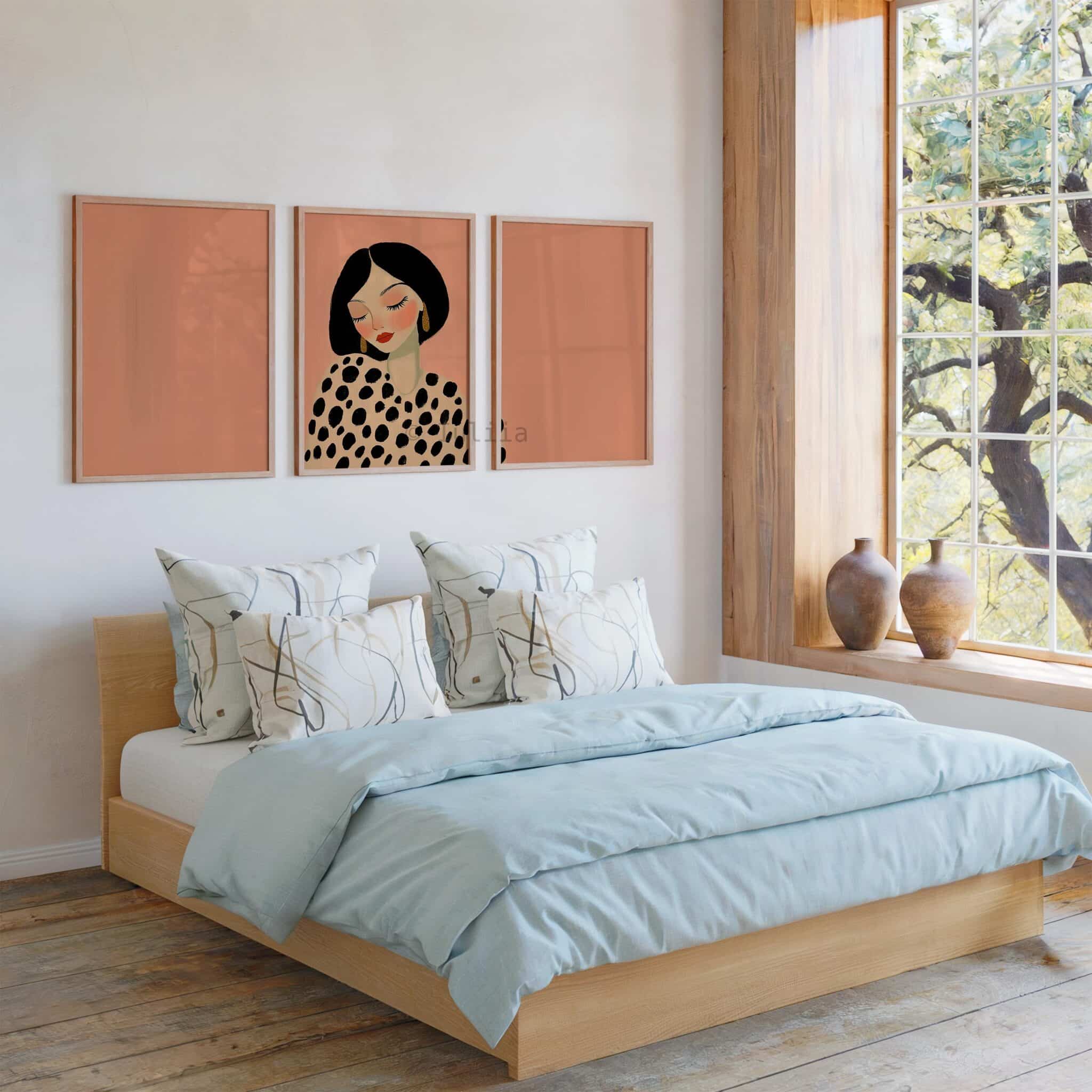 Framed Editorial Portrait, Fashion Illustration Triptych, Polka Dot Woman Art, Blush Pink Wall Decor, Chic Bedroom Gallery Print Set - photo #11