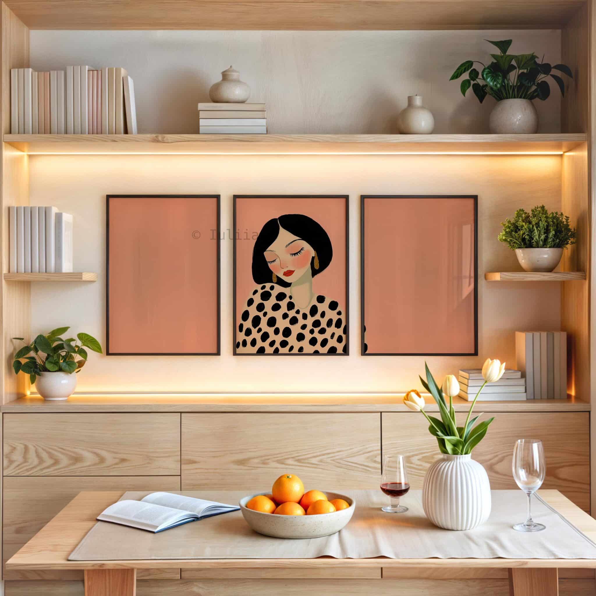 Framed Editorial Portrait, Fashion Illustration Triptych, Polka Dot Woman Art, Blush Pink Wall Decor, Chic Bedroom Gallery Print Set - photo #8