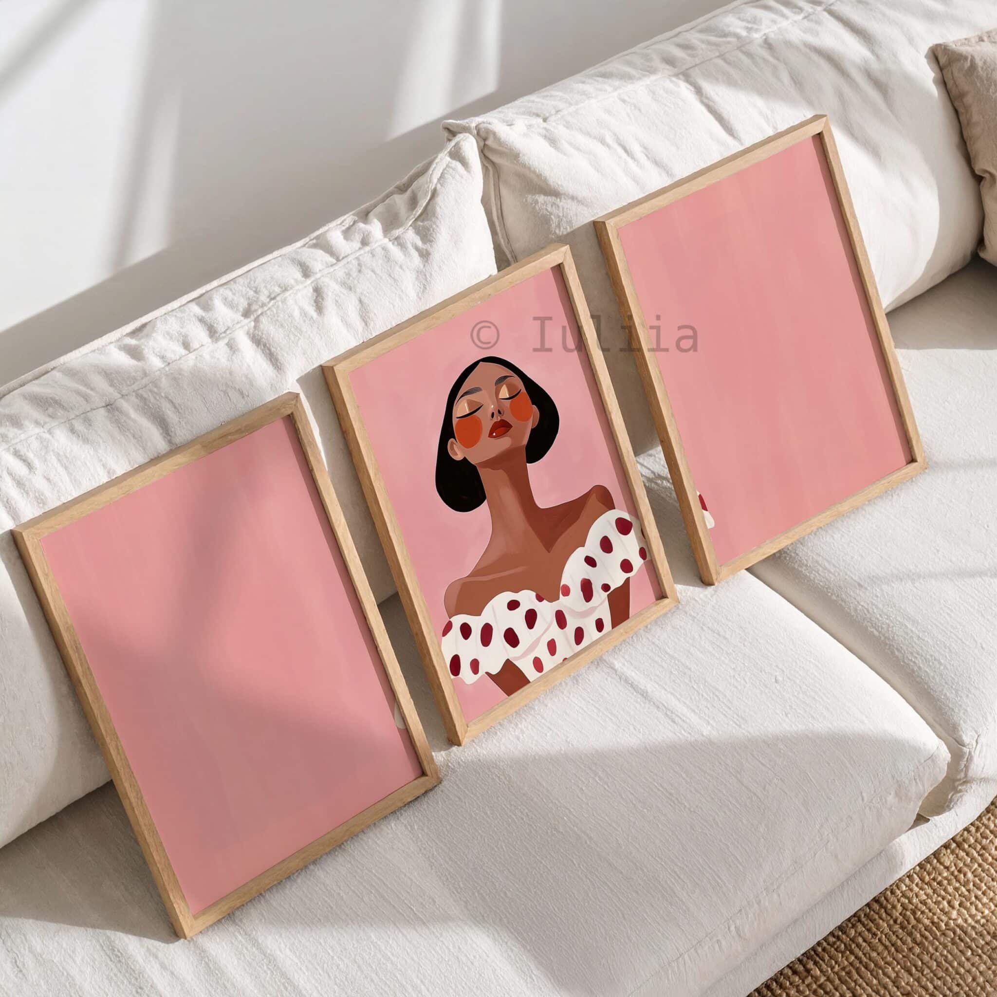 Feminine Portrait Prints, Blush Fashion Illustration Triptych, Modern Female Gallery Wall Decor, Chic Bedroom Artwork