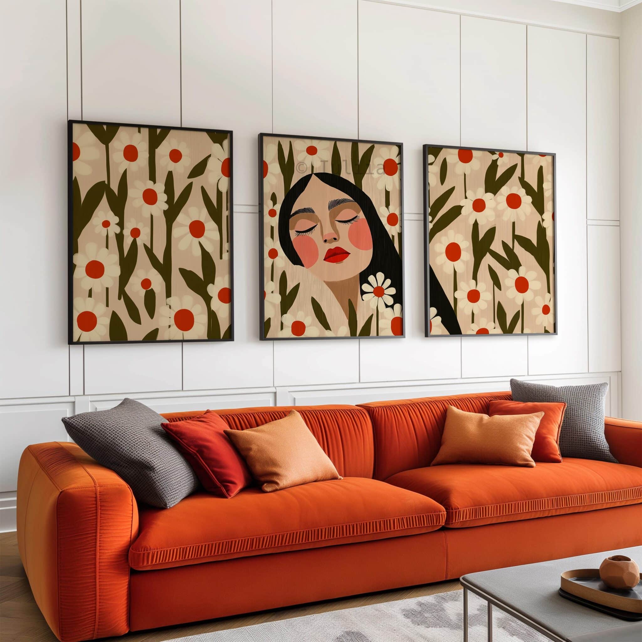 Daisy Portrait Trio Wall Prints, Floral Woman Artwork Set of 3, Botanical Folk Wall Decor, Cottagecore Gallery Posters, Feminine Bedroom Accent - photo #9