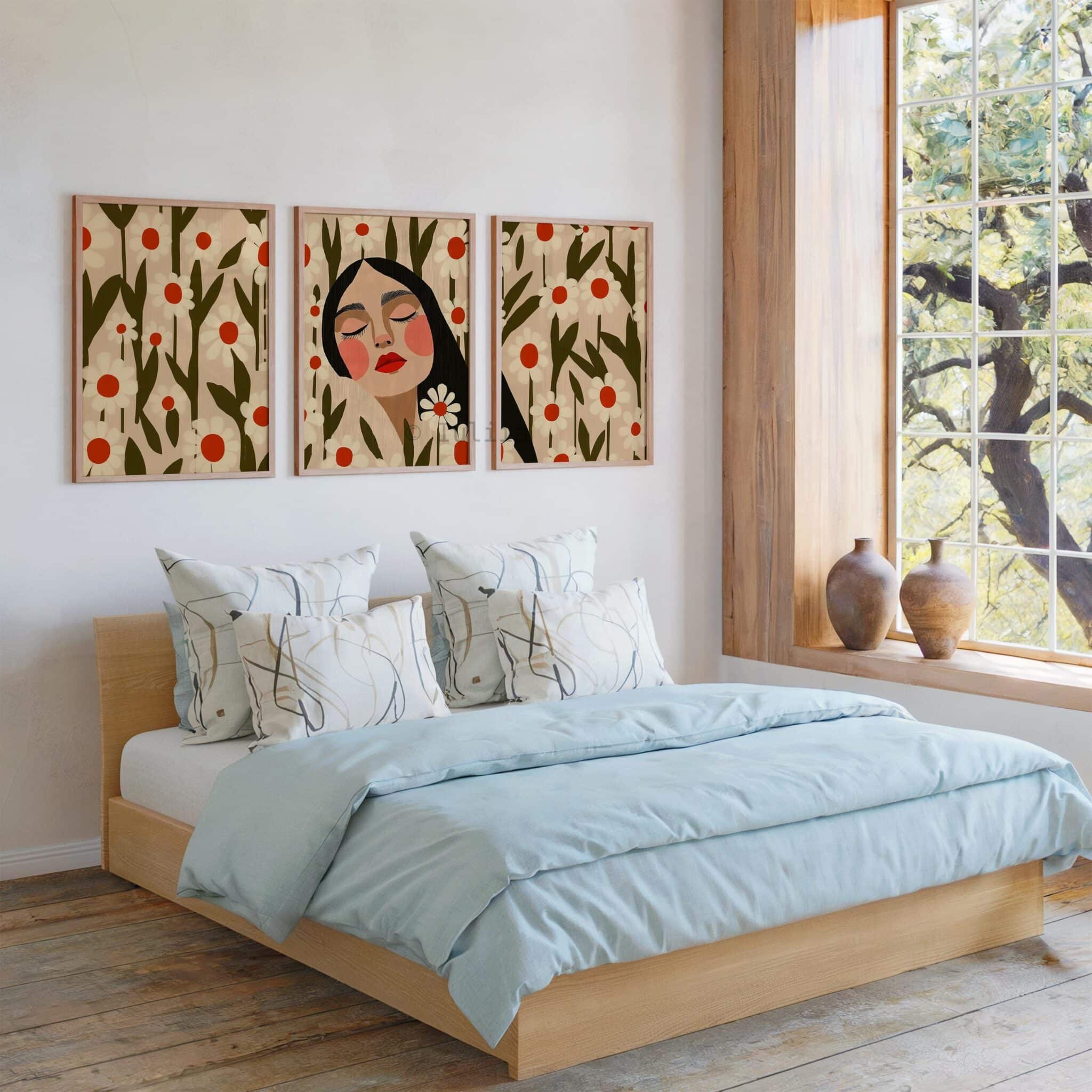 Daisy Portrait Trio Wall Prints, Floral Woman Artwork Set of 3, Botanical Folk Wall Decor, Cottagecore Gallery Posters, Feminine Bedroom Accent - photo #12
