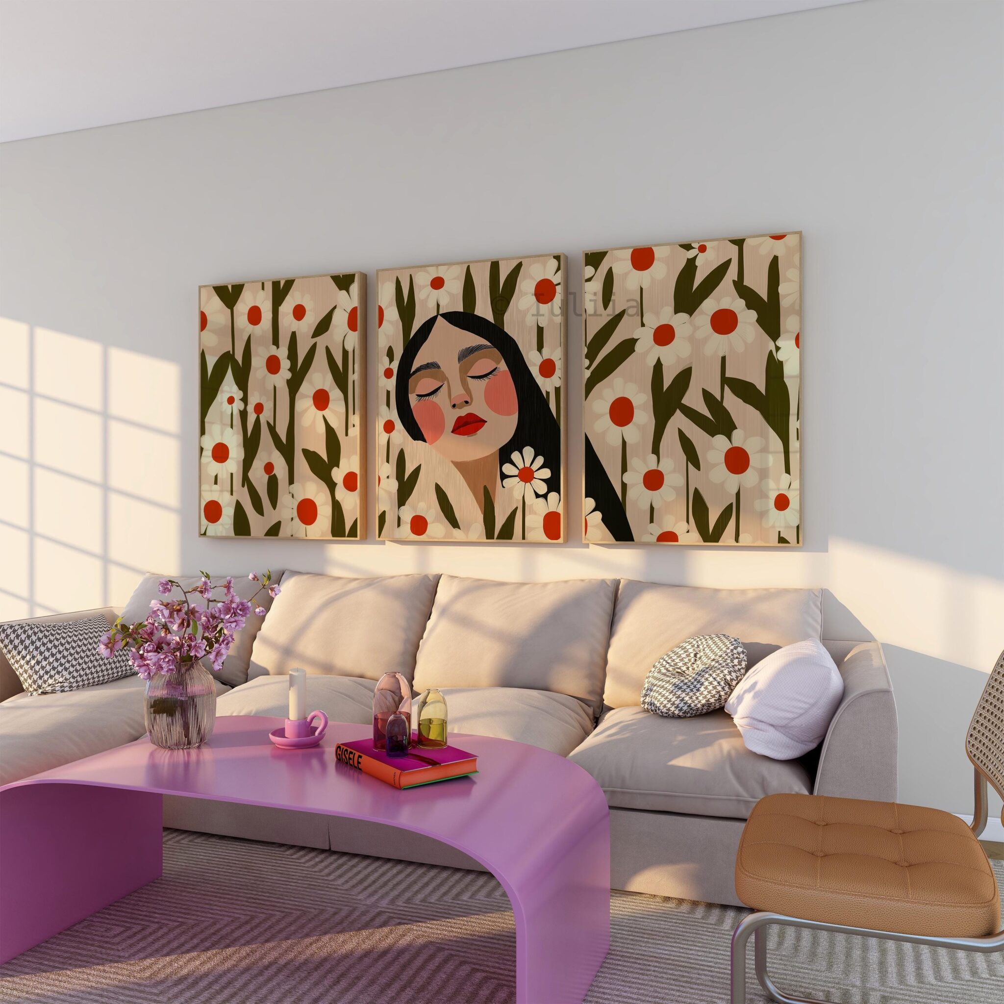 Daisy Portrait Trio Wall Prints, Floral Woman Artwork Set of 3, Botanical Folk Wall Decor, Cottagecore Gallery Posters, Feminine Bedroom Accent - photo #3