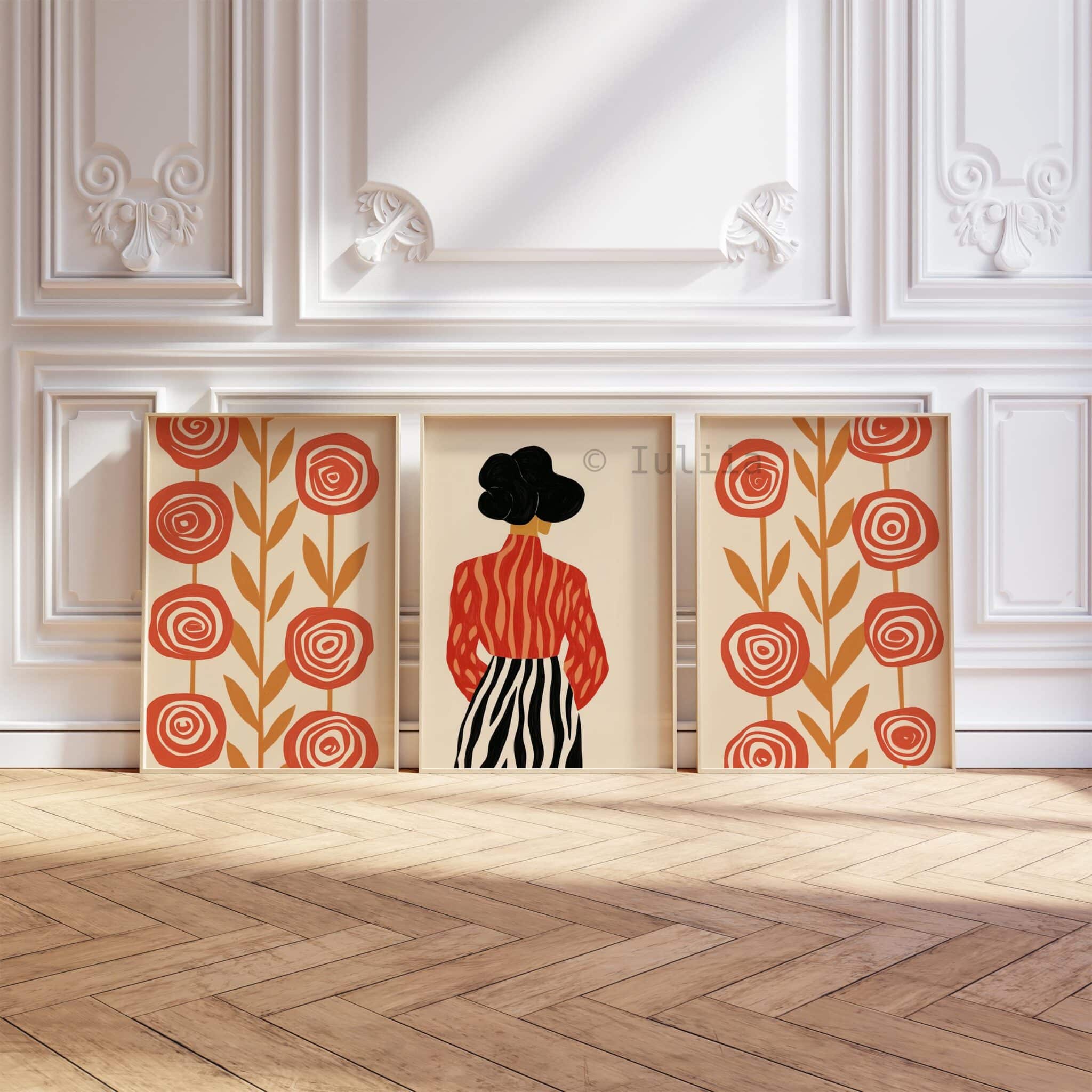 Retro Folk Art Set of 3 Wall Prints, Floral Woman Illustration Trio, Vintage Inspired Wall Decor, Mid Century Style Gallery Three Posters - photo #4