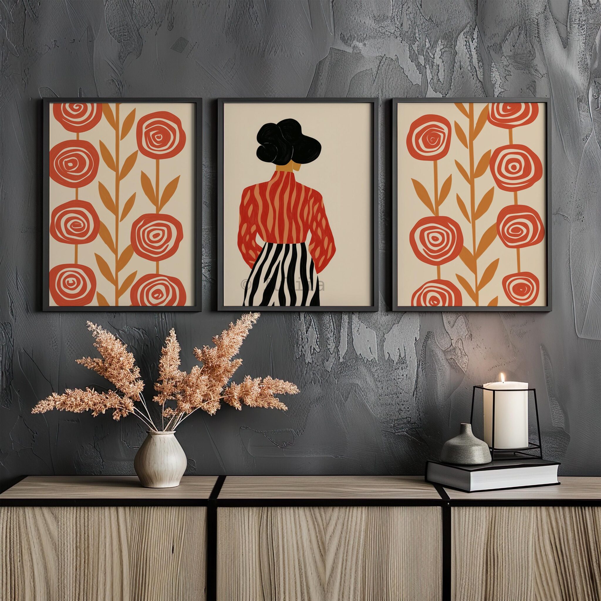 Retro Folk Art Set of 3 Wall Prints, Floral Woman Illustration Trio, Vintage Inspired Wall Decor, Mid Century Style Gallery Three Posters - photo #14