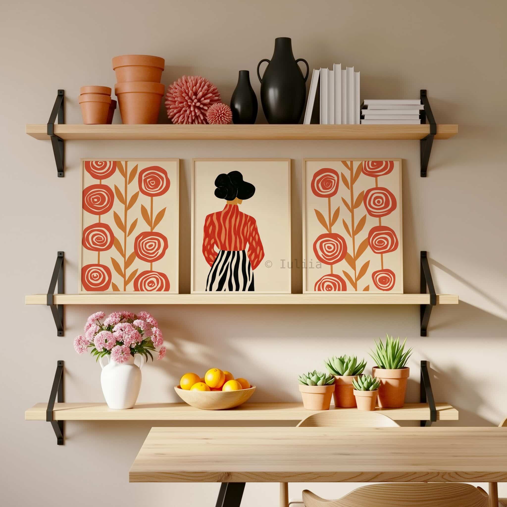 Retro Folk Art Set of 3 Wall Prints, Floral Woman Illustration Trio, Vintage Inspired Wall Decor, Mid Century Style Gallery Three Posters - photo #11
