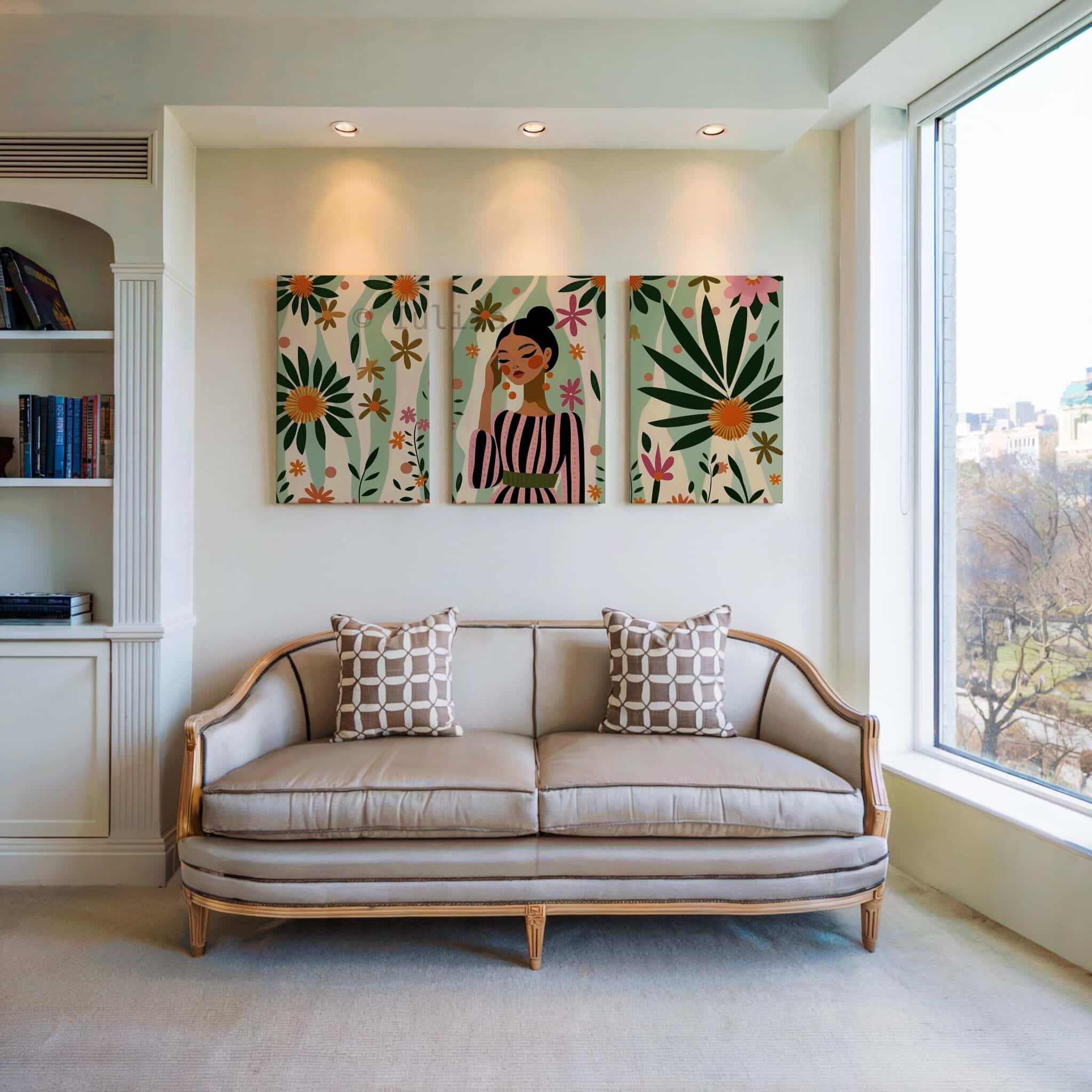 Feminine Wall Art Canvas Set of 3, Floral Woman Triptych, Botanical Modern Portrait Collection, Curated Gallery Bedroom Decor - photo #2