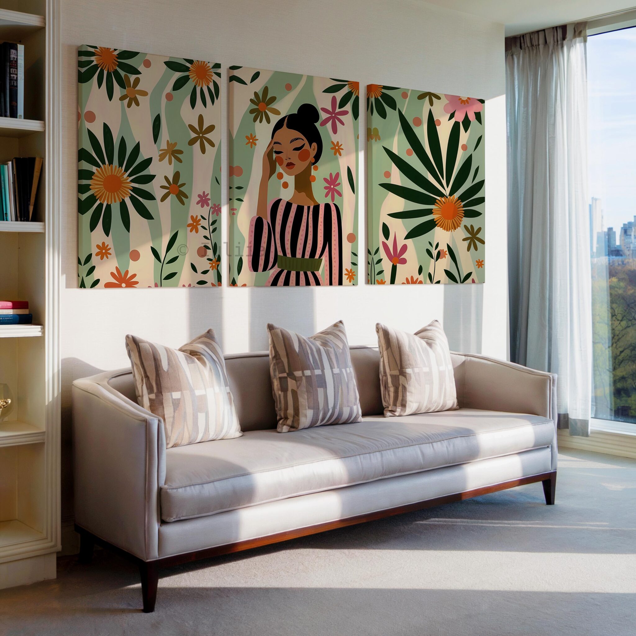 Feminine Wall Art Canvas Set of 3, Floral Woman Triptych, Botanical Modern Portrait Collection, Curated Gallery Bedroom Decor - photo #3