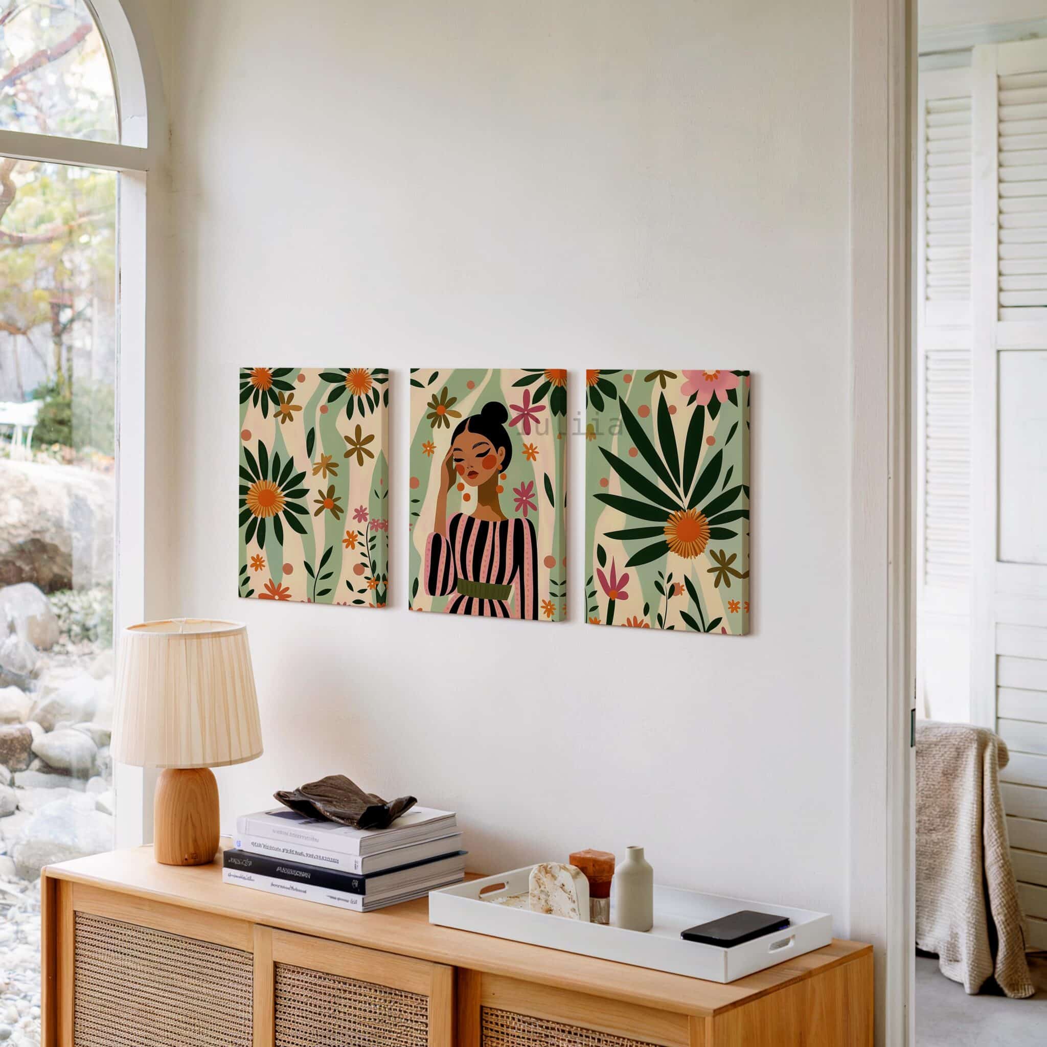 Feminine Wall Art Canvas Set of 3, Floral Woman Triptych, Botanical Modern Portrait Collection, Curated Gallery Bedroom Decor - photo #9