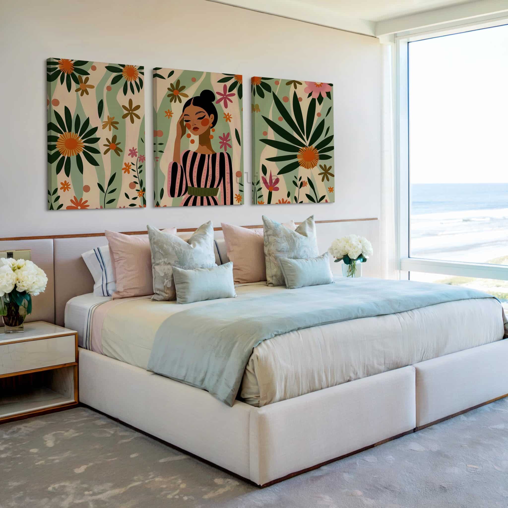 Feminine Wall Art Canvas Set of 3, Floral Woman Triptych, Botanical Modern Portrait Collection, Curated Gallery Bedroom Decor