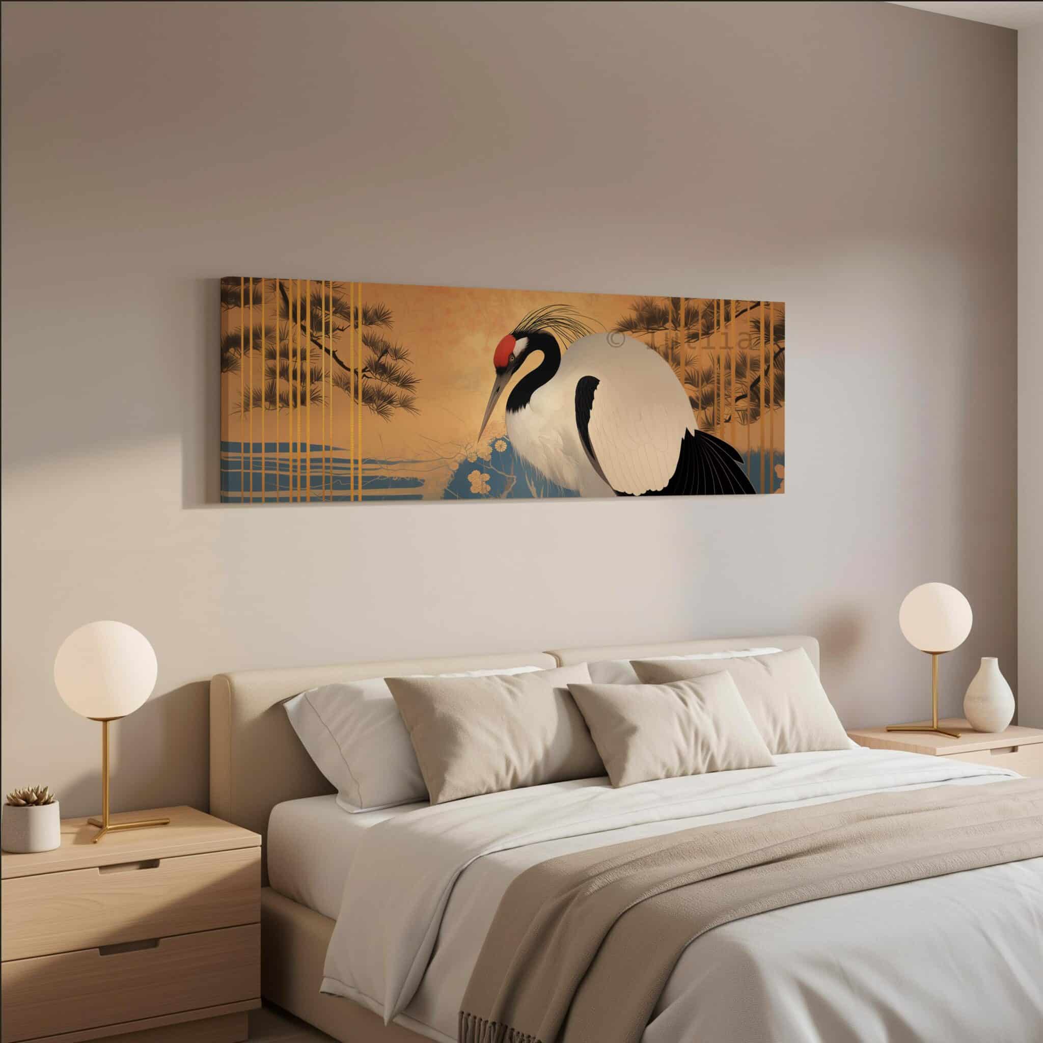 Canvas Japanese Wall Art, Wide Red Crowned Crane Design, Oriental Gold Nature Scene, Statement Living Room Decor - photo #9
