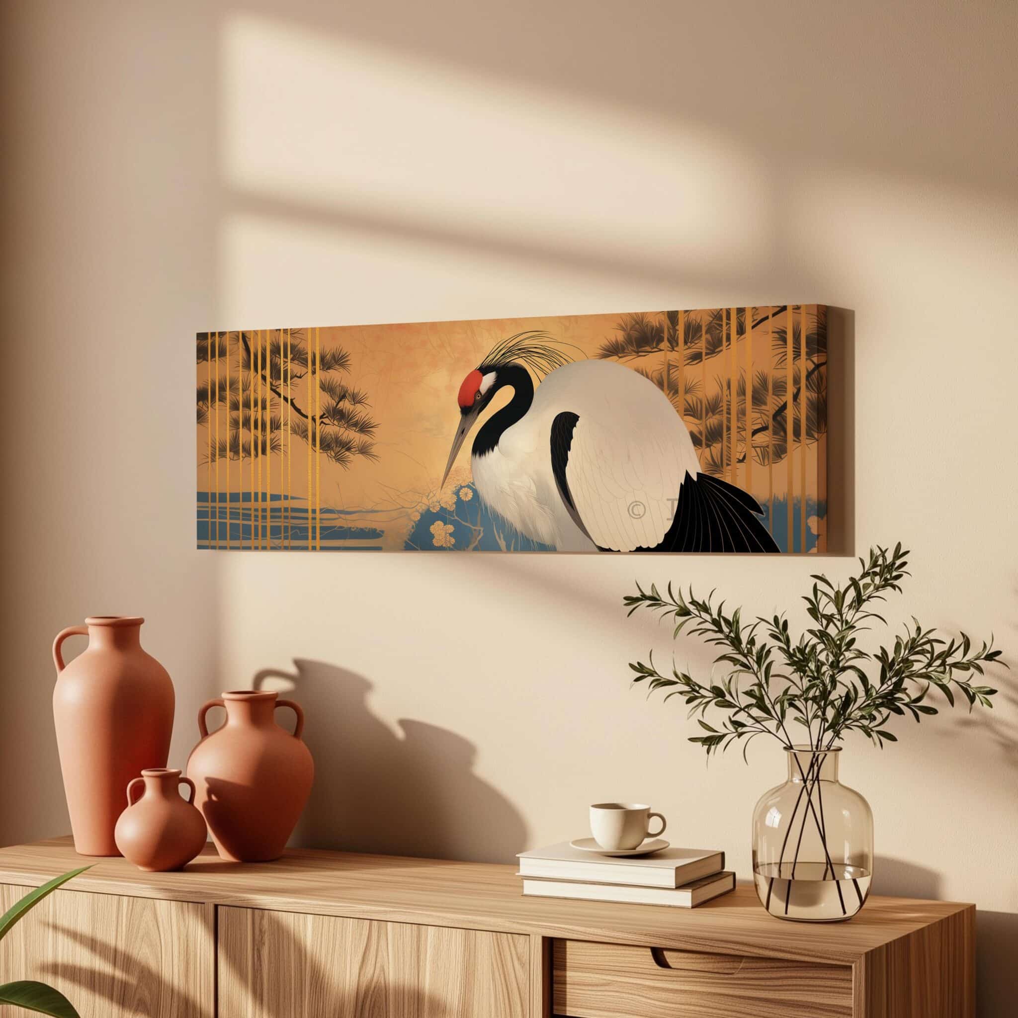 Canvas Japanese Wall Art, Wide Red Crowned Crane Design, Oriental Gold Nature Scene, Statement Living Room Decor - photo #10