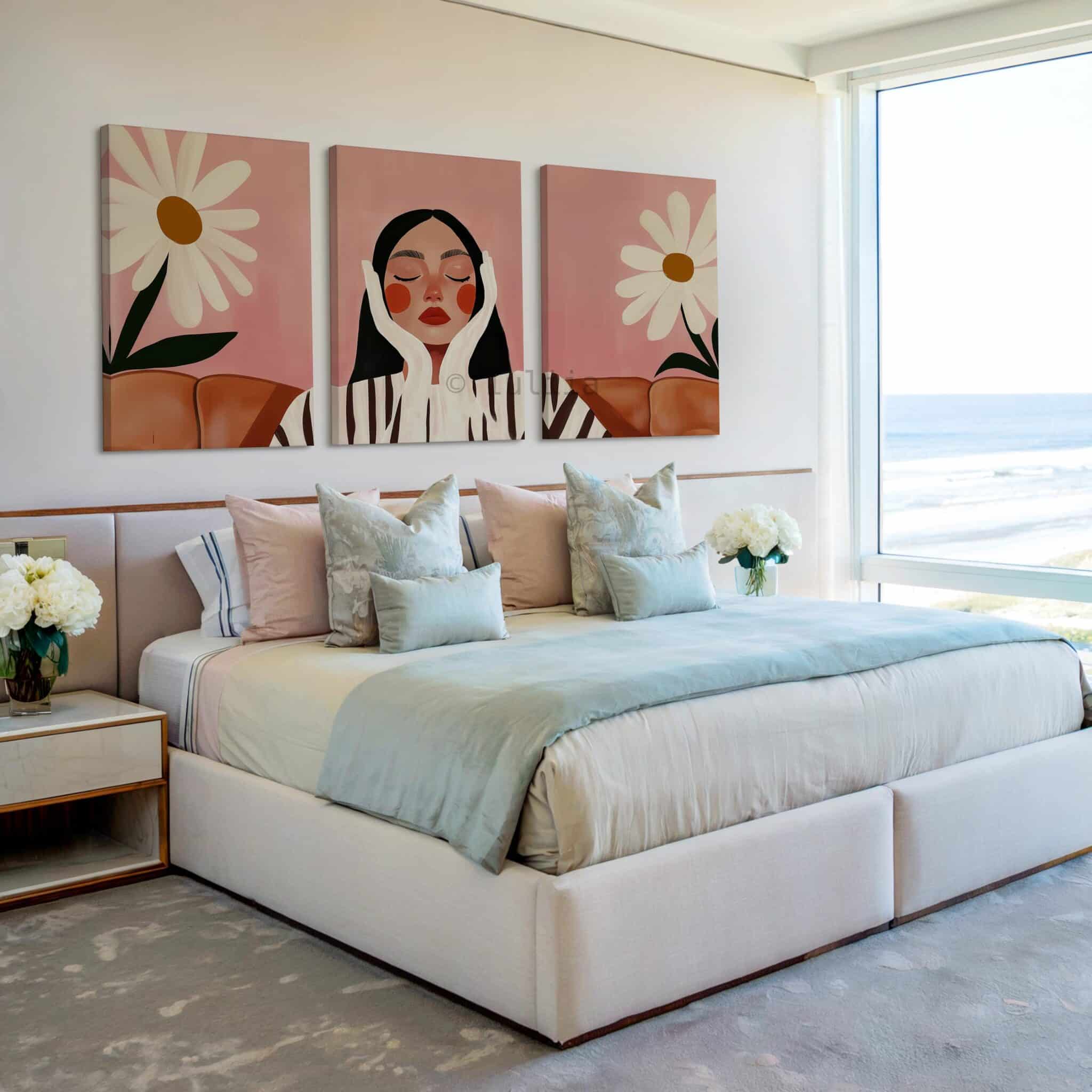 Contemporary Portrait Canvas Set of 3 Art, Blush Daisy Triptych, Feminine Minimalist Artwork, Quiet Luxury Bedroom Decor - photo #3