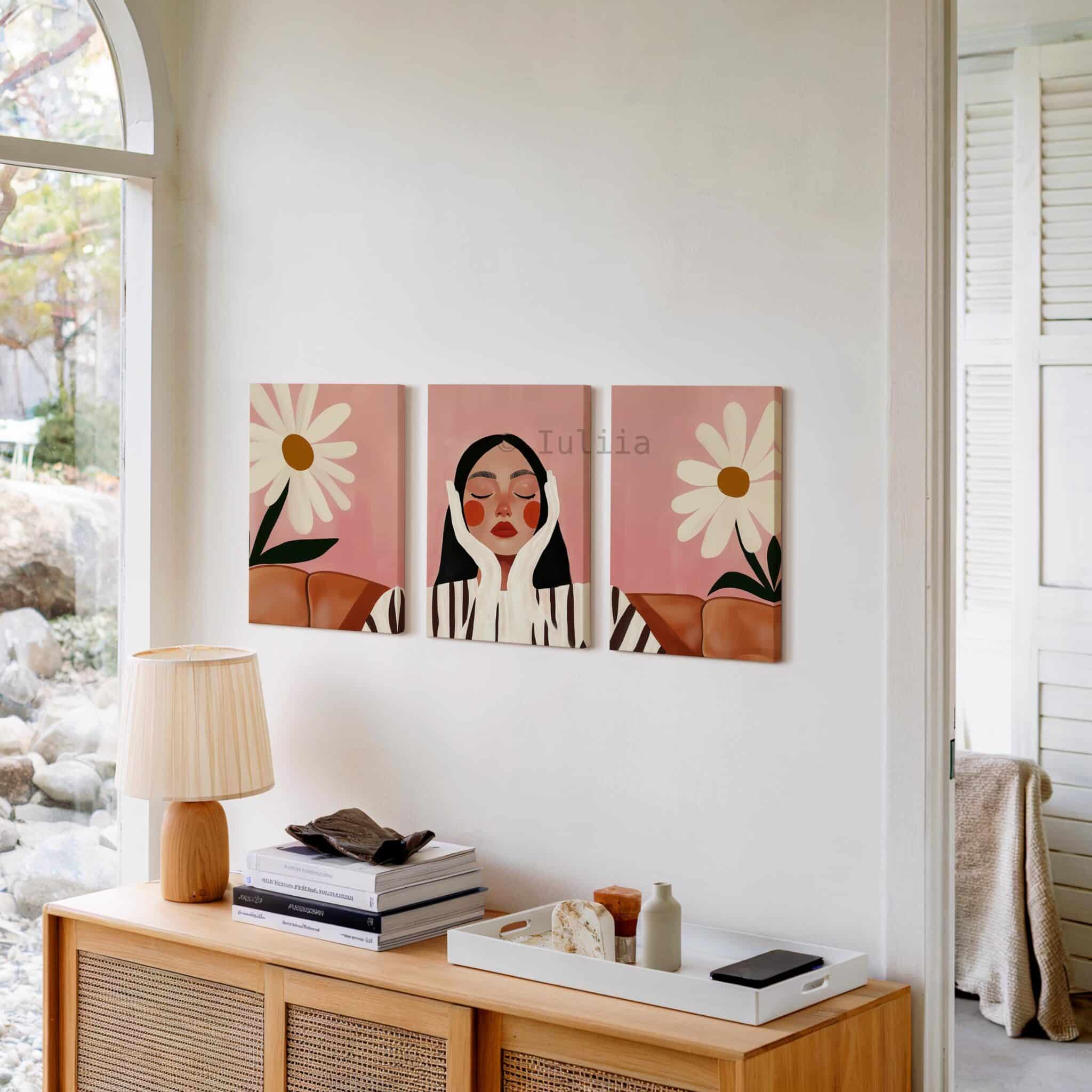 Contemporary Portrait Canvas Set of 3 Art, Blush Daisy Triptych, Feminine Minimalist Artwork, Quiet Luxury Bedroom Decor - photo #9