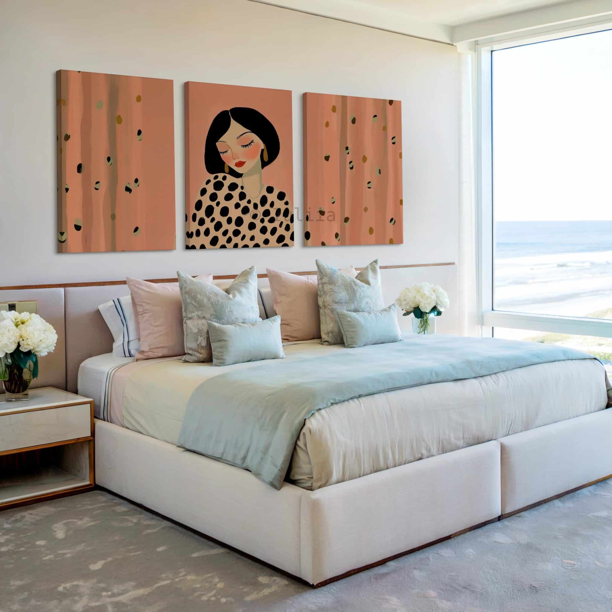 Stylish Woman Art Three Panels Canvas, Minimalist Portrait Triptych, Blush Pink Contemporary Set of 3 Wall Decor, Parisian Bedroom Style - photo #3