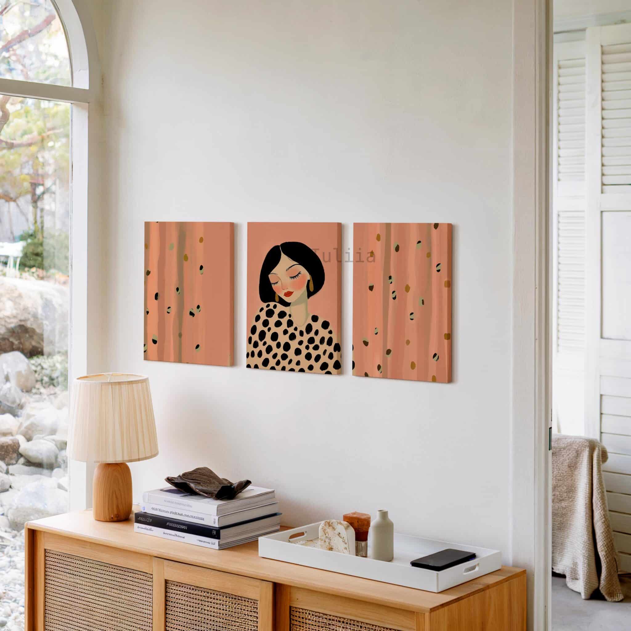Stylish Woman Art Three Panels Canvas, Minimalist Portrait Triptych, Blush Pink Contemporary Set of 3 Wall Decor, Parisian Bedroom Style - photo #9