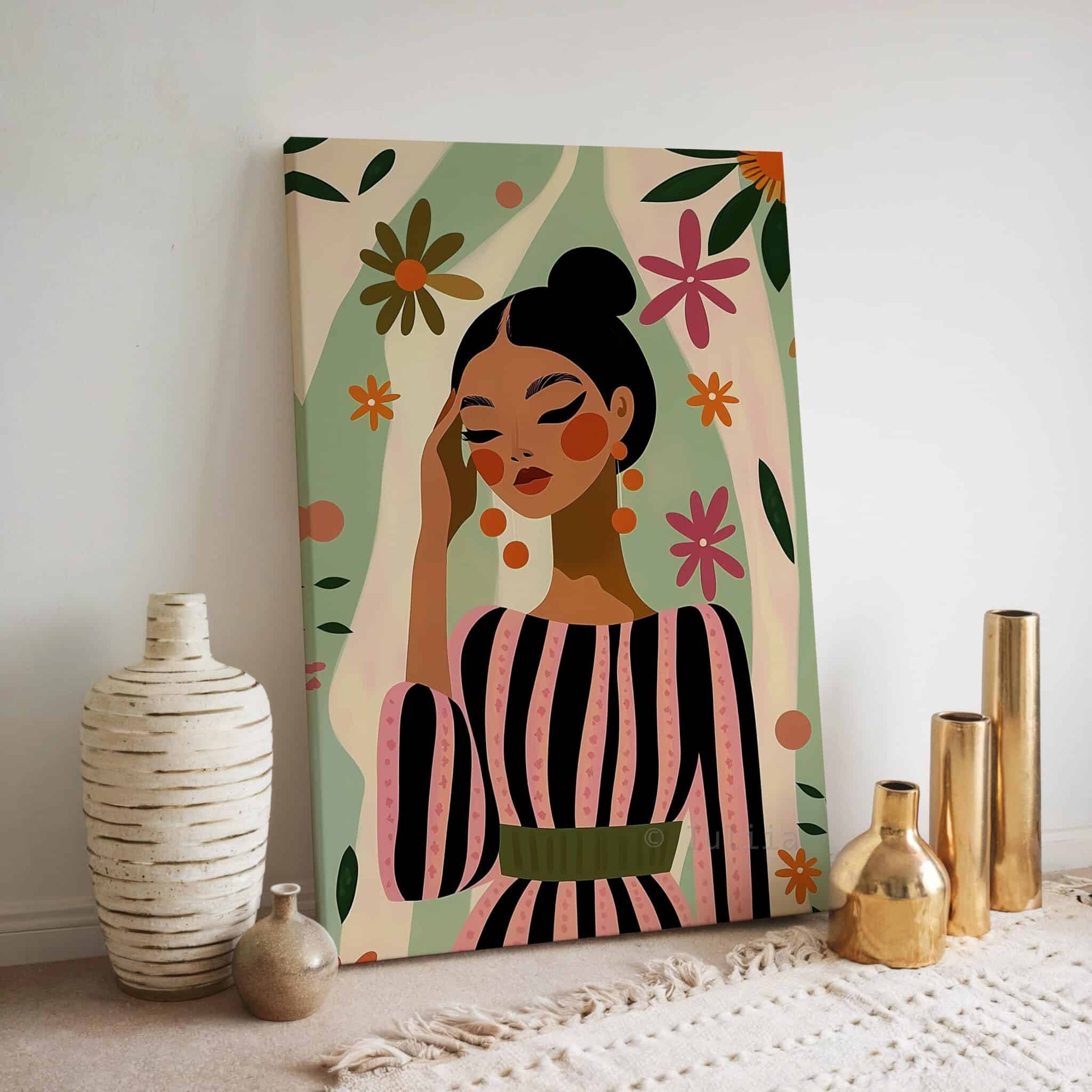 Feminine Wall Art Canvas Set of 3, Floral Woman Triptych, Botanical Modern Portrait Collection, Curated Gallery Bedroom Decor - photo #13