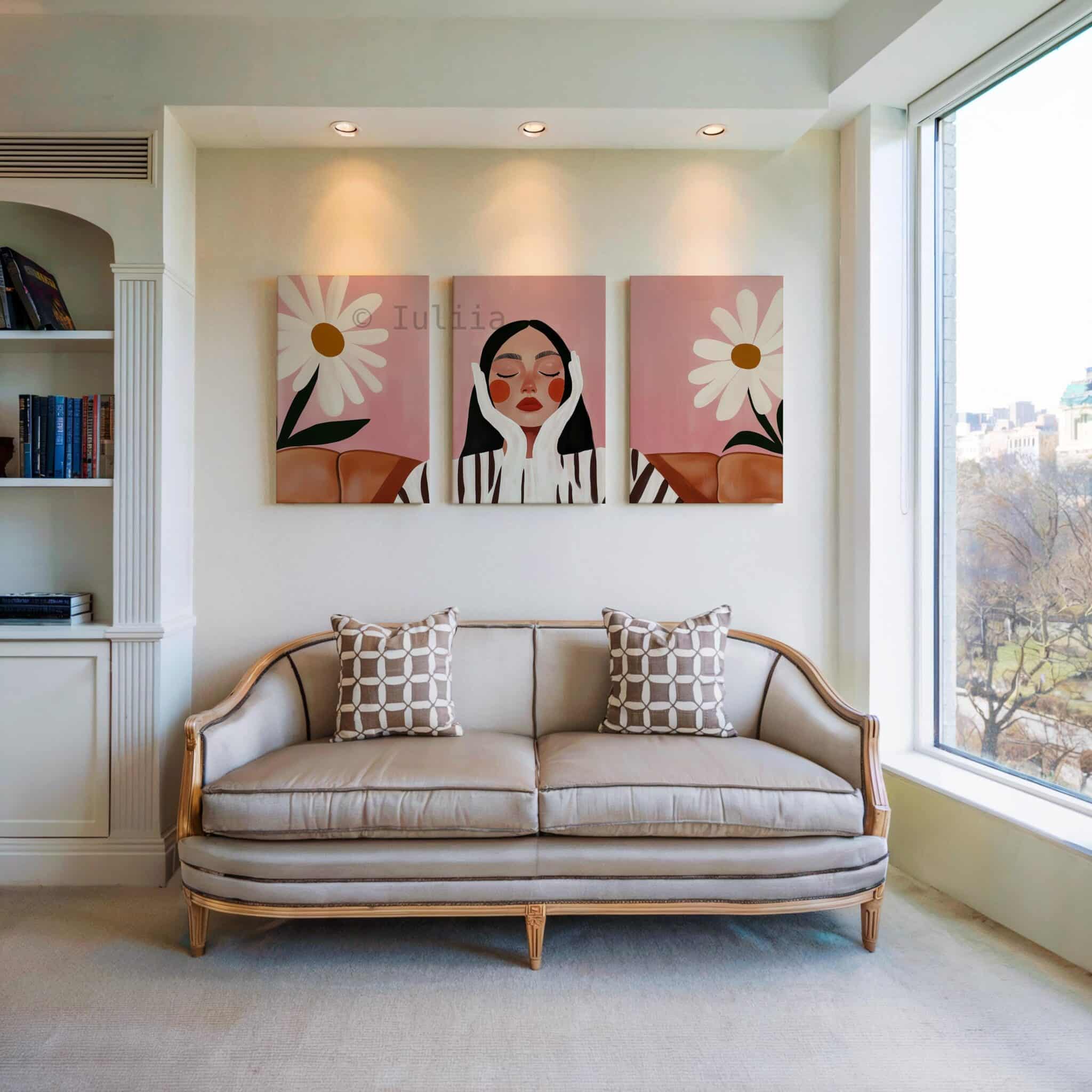 Contemporary Portrait Canvas Set of 3 Art, Blush Daisy Triptych, Feminine Minimalist Artwork, Quiet Luxury Bedroom Decor - photo #2