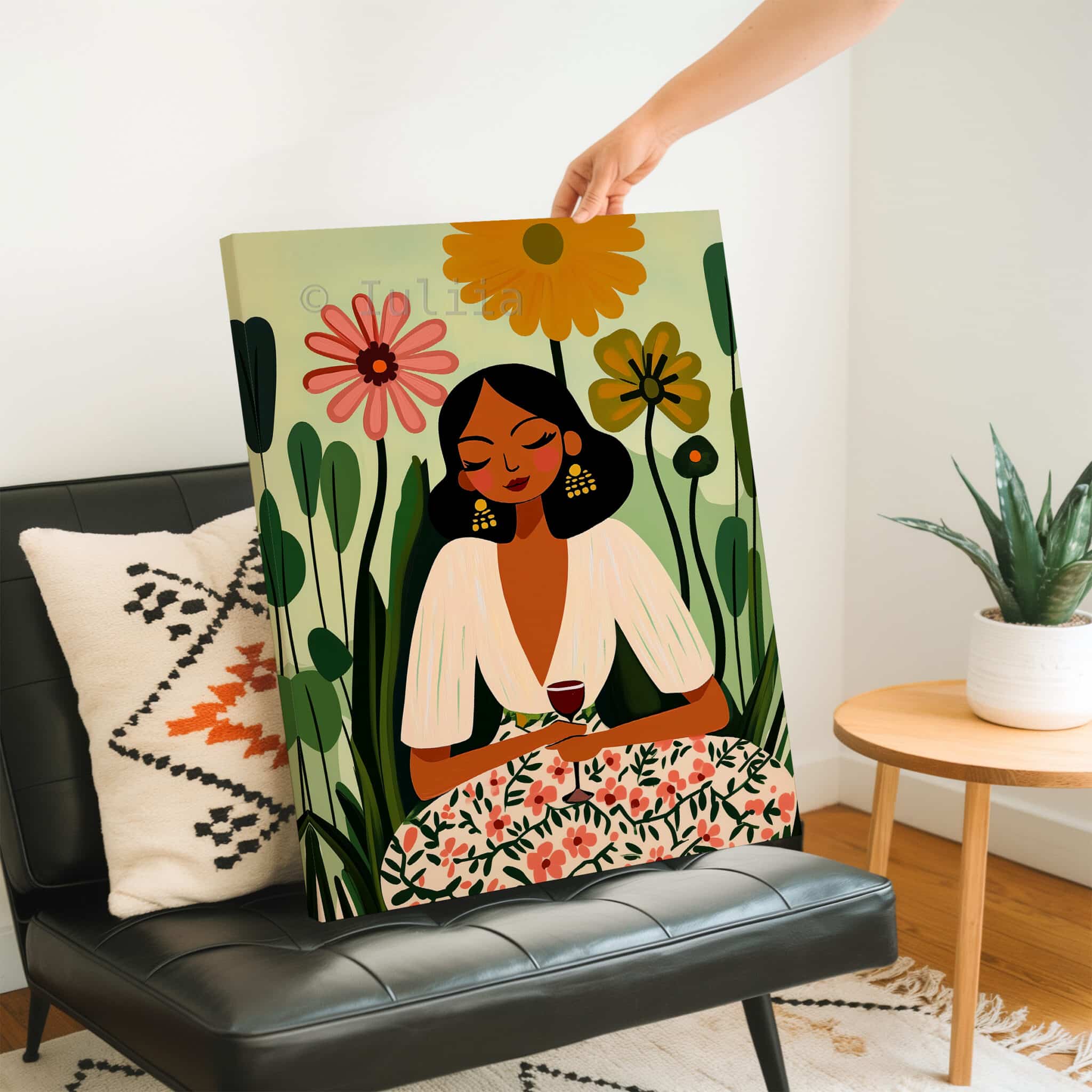 Stylish Woman Canvas, Floral Portrait Illustration Artwork, Contemporary Gallery Wall Art, Elegant Feminine Decor, Living Room Accent - photo #2