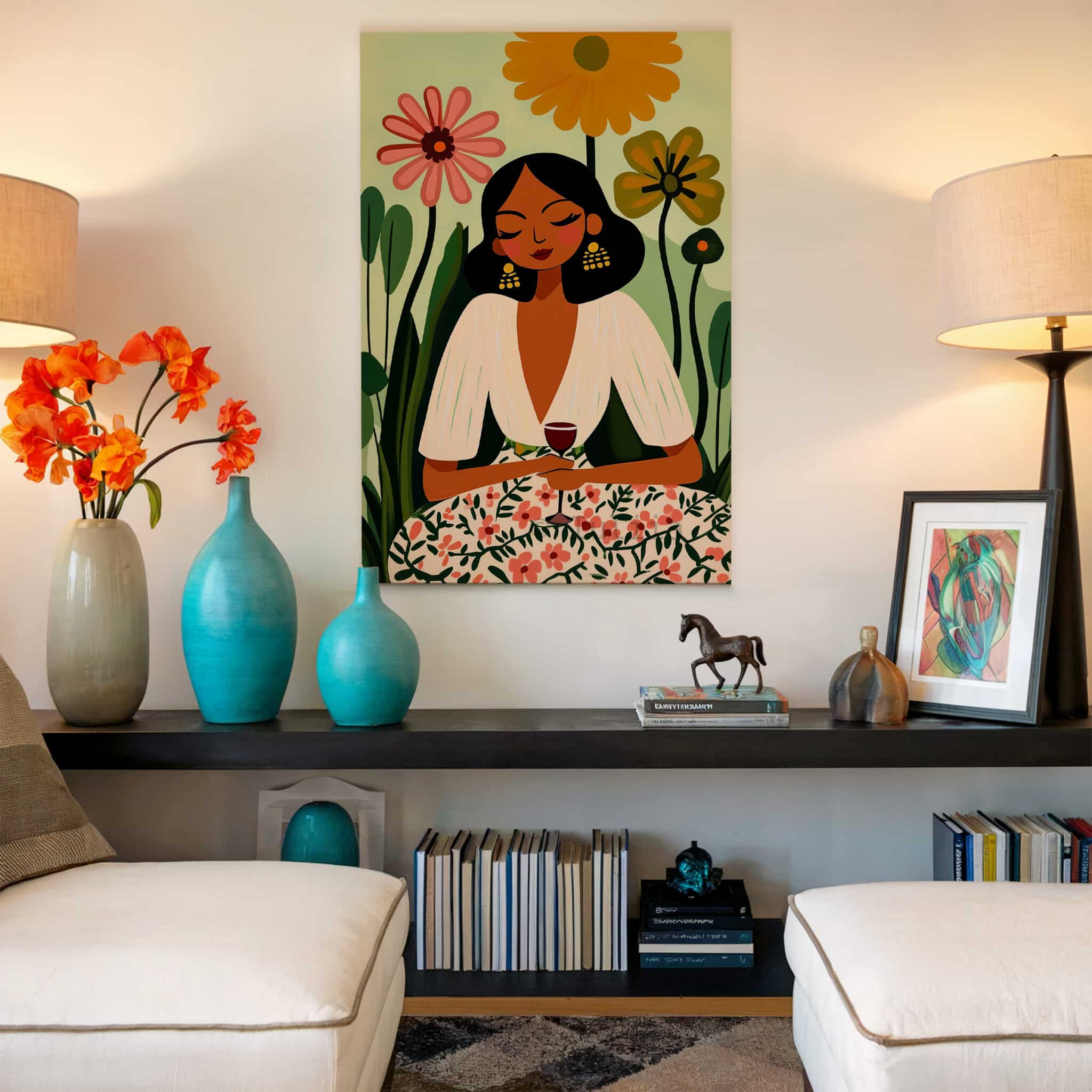 Stylish Woman Canvas, Floral Portrait Illustration Artwork, Contemporary Gallery Wall Art, Elegant Feminine Decor, Living Room Accent - photo #17