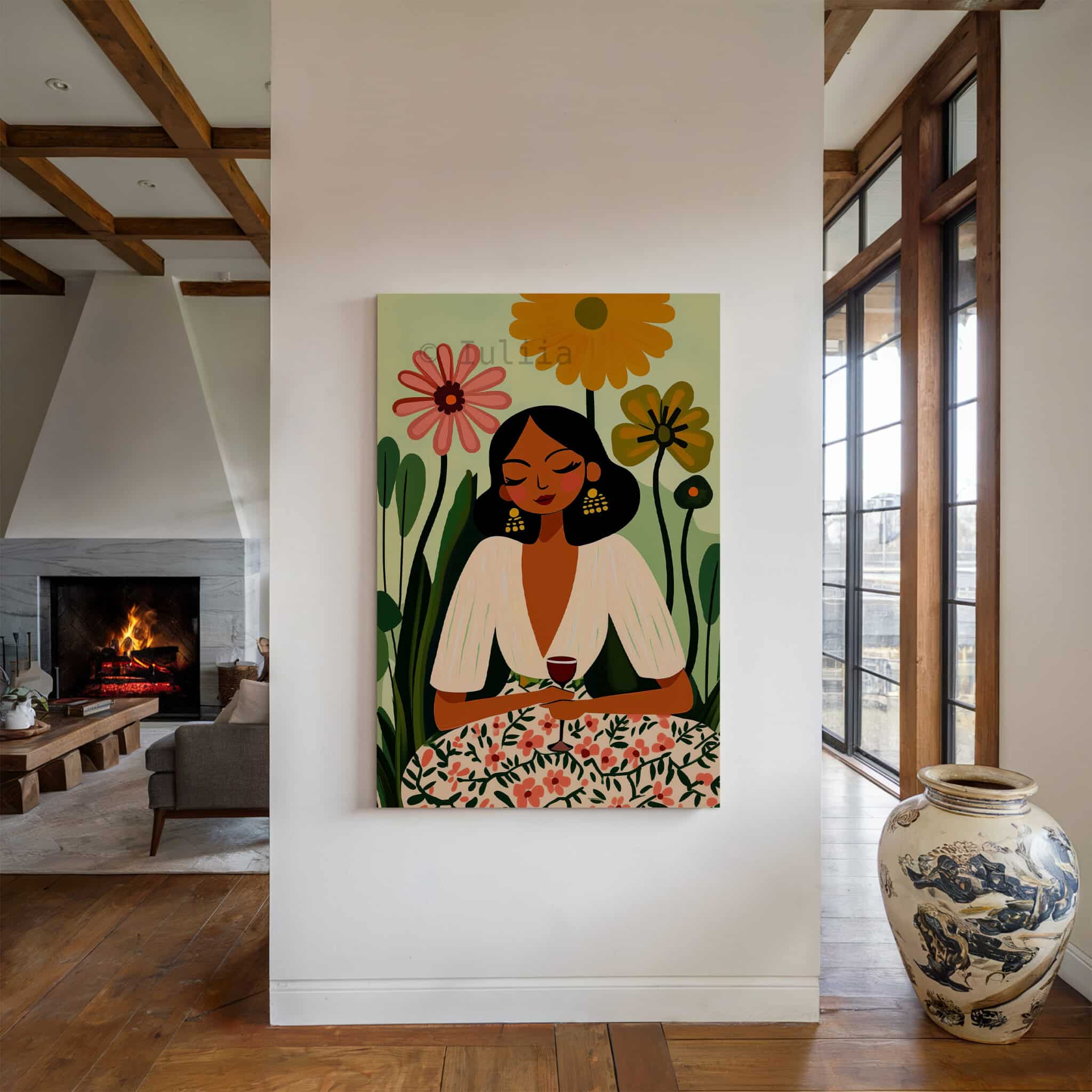 Stylish Woman Canvas, Floral Portrait Illustration Artwork, Contemporary Gallery Wall Art, Elegant Feminine Decor, Living Room Accent - photo #4