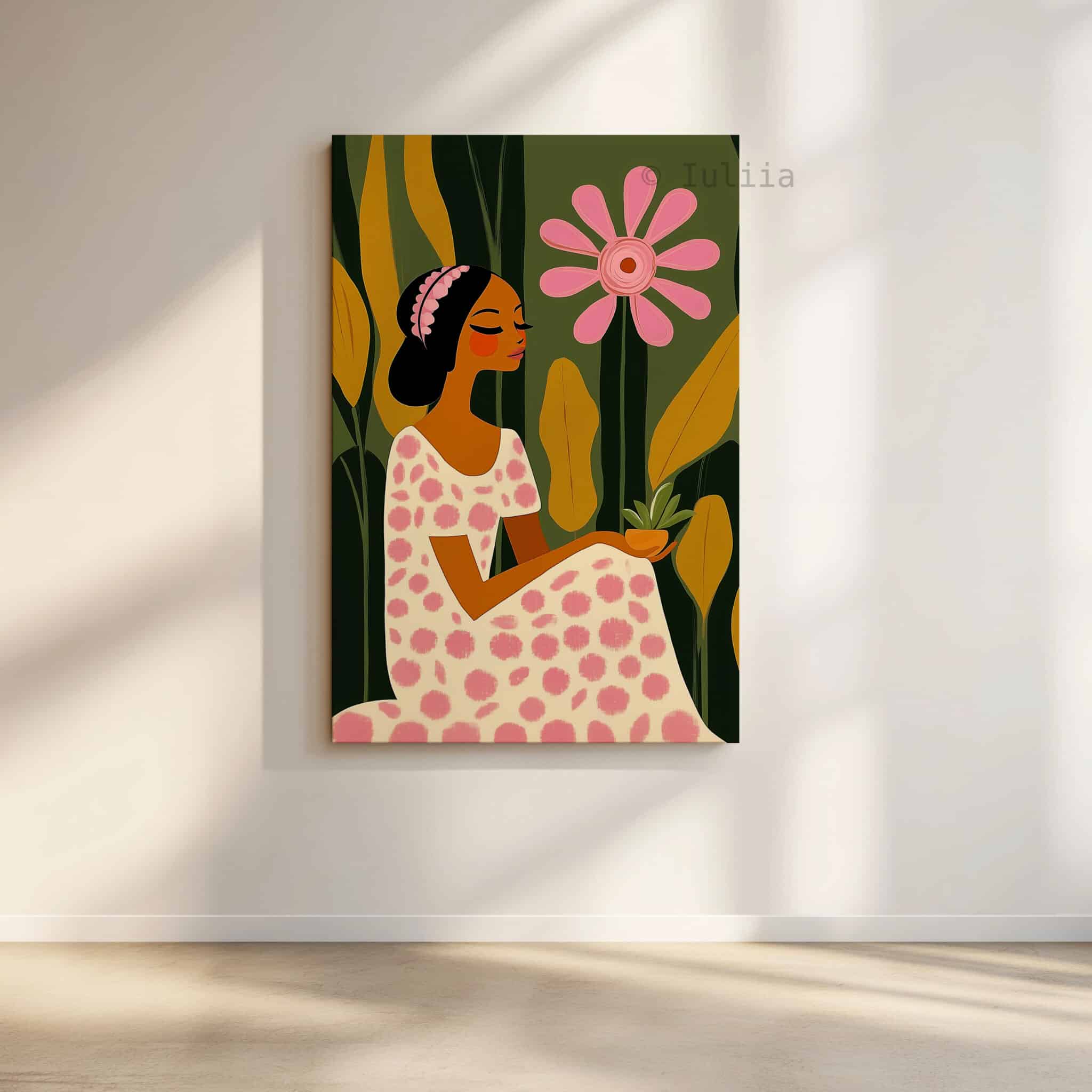 Feminine Portrait Print on Canvas, Elegant Floral Woman Illustration Art, Soft Luxury Wall Decor, Contemporary Bedroom Artwork, Botanical Accent