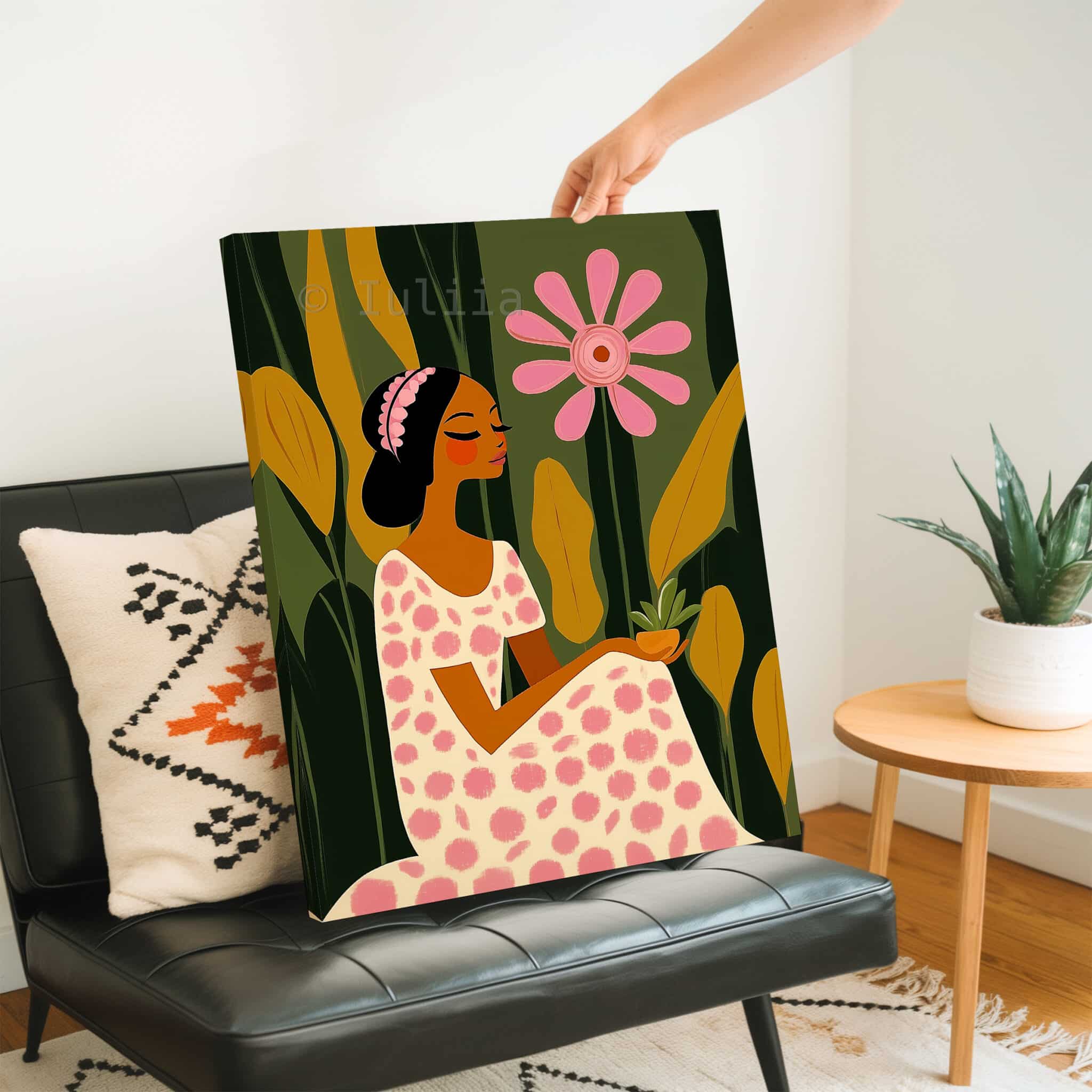 Feminine Portrait Print on Canvas, Elegant Floral Woman Illustration Art, Soft Luxury Wall Decor, Contemporary Bedroom Artwork, Botanical Accent - photo #2